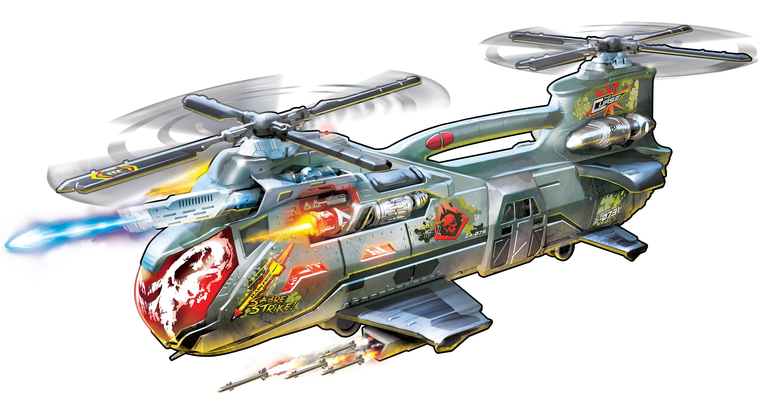 A futuristic attack helicopter with dual rotors, decorated with colorful stickers, graffiti, and weaponry, firing missiles and gunfire.