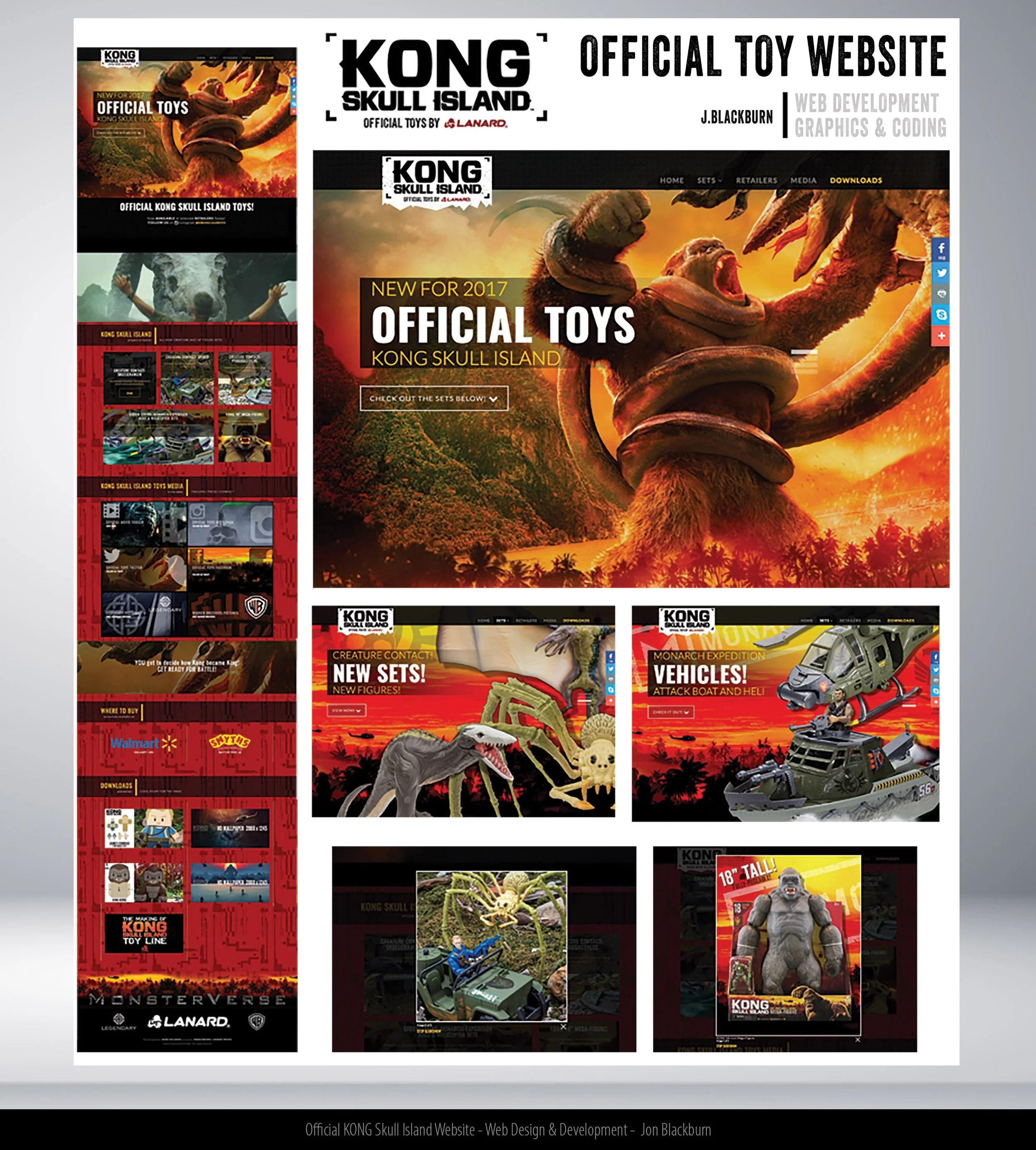 Screenshot of the KONG Skull Island official toy website home page, featuring promotional images of Kong and various action figures and vehicles, with sections for new releases and media.