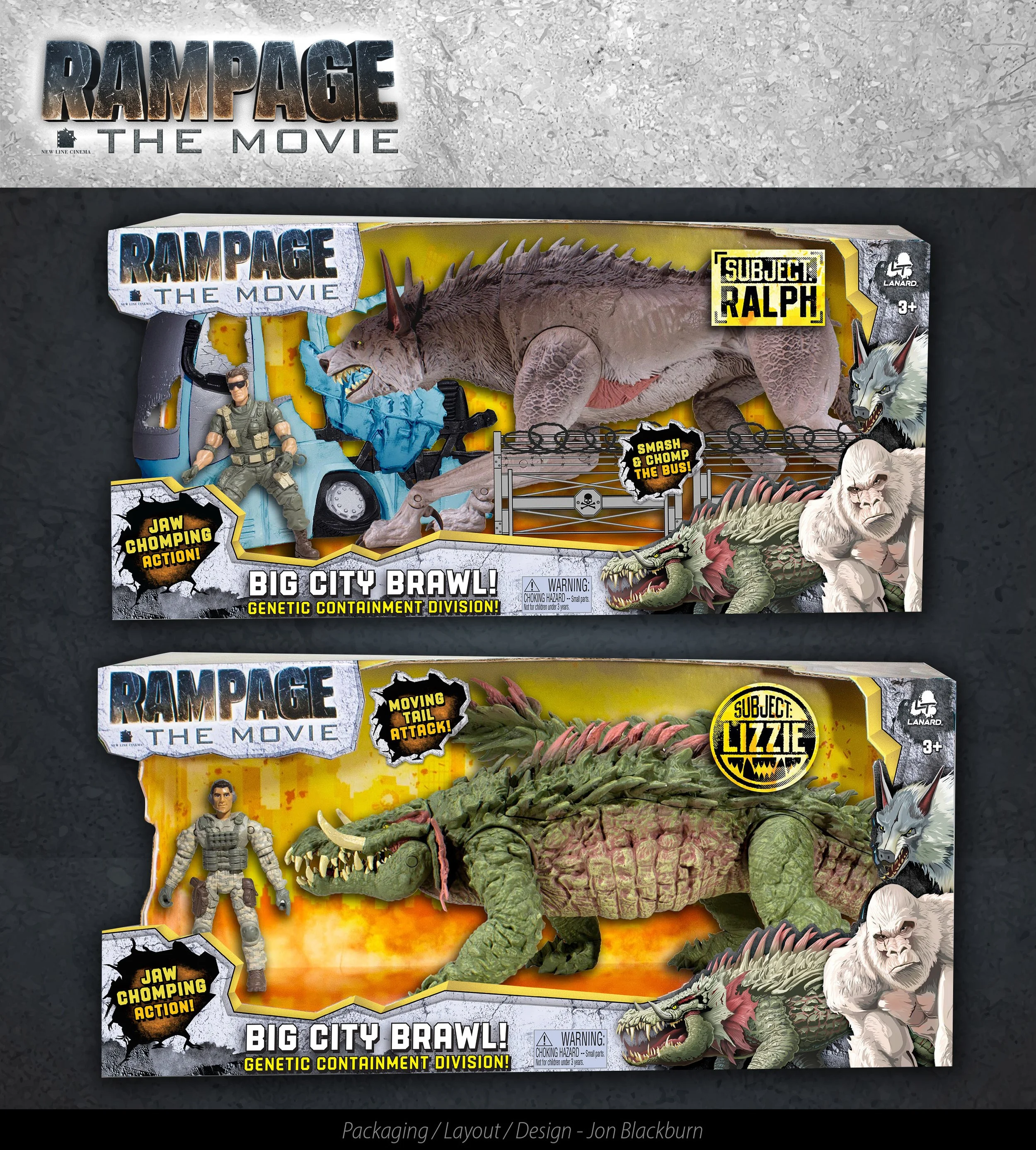 Two toy sets from the Rampage: The Movie series, featuring action figures and creature toys. The top set includes a rhinoceros-like creature labeled as Subject Ralph, a soldier action figure, and a chain-link fence. The bottom set features a lizard-l