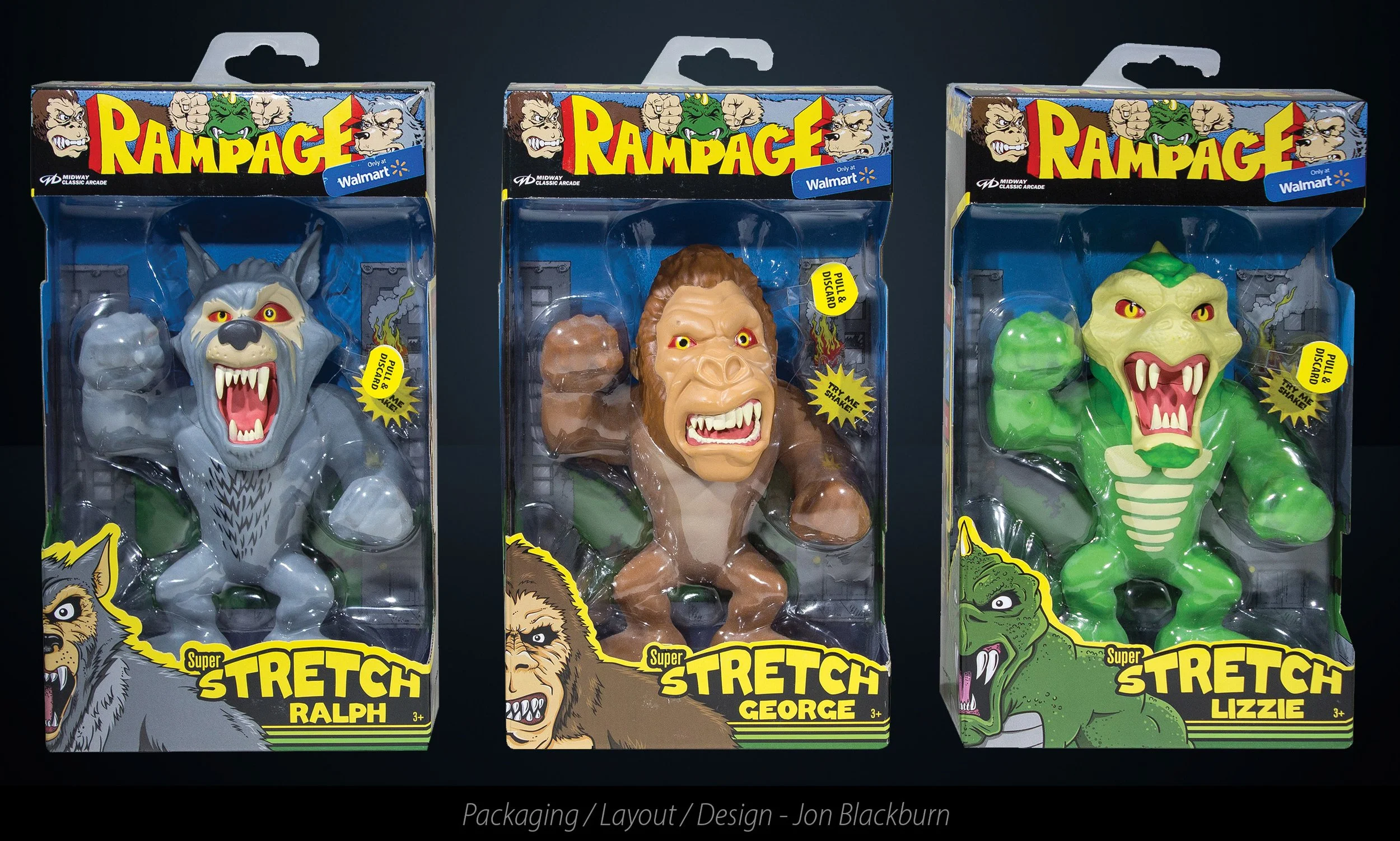 Three vintage Stretch Rampage monster toys in packaging, resembling a wolf, gorilla, and crocodile, with cartoonish exaggerated features, placed side by side against a black background.