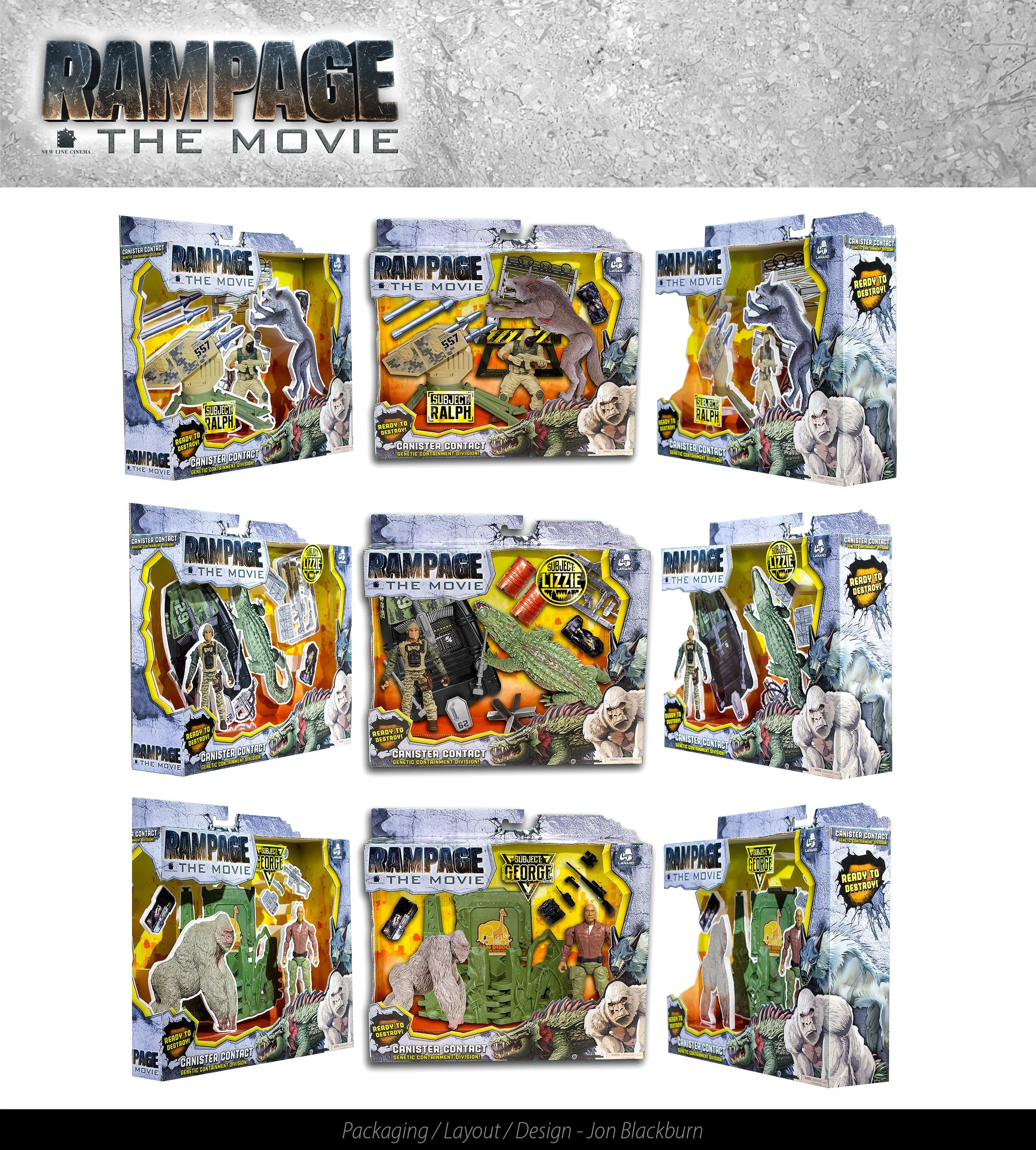 Collection of nine toy sets based on Rampage movie, featuring giant monsters, military figures, and vehicles, each in colorful packaging.