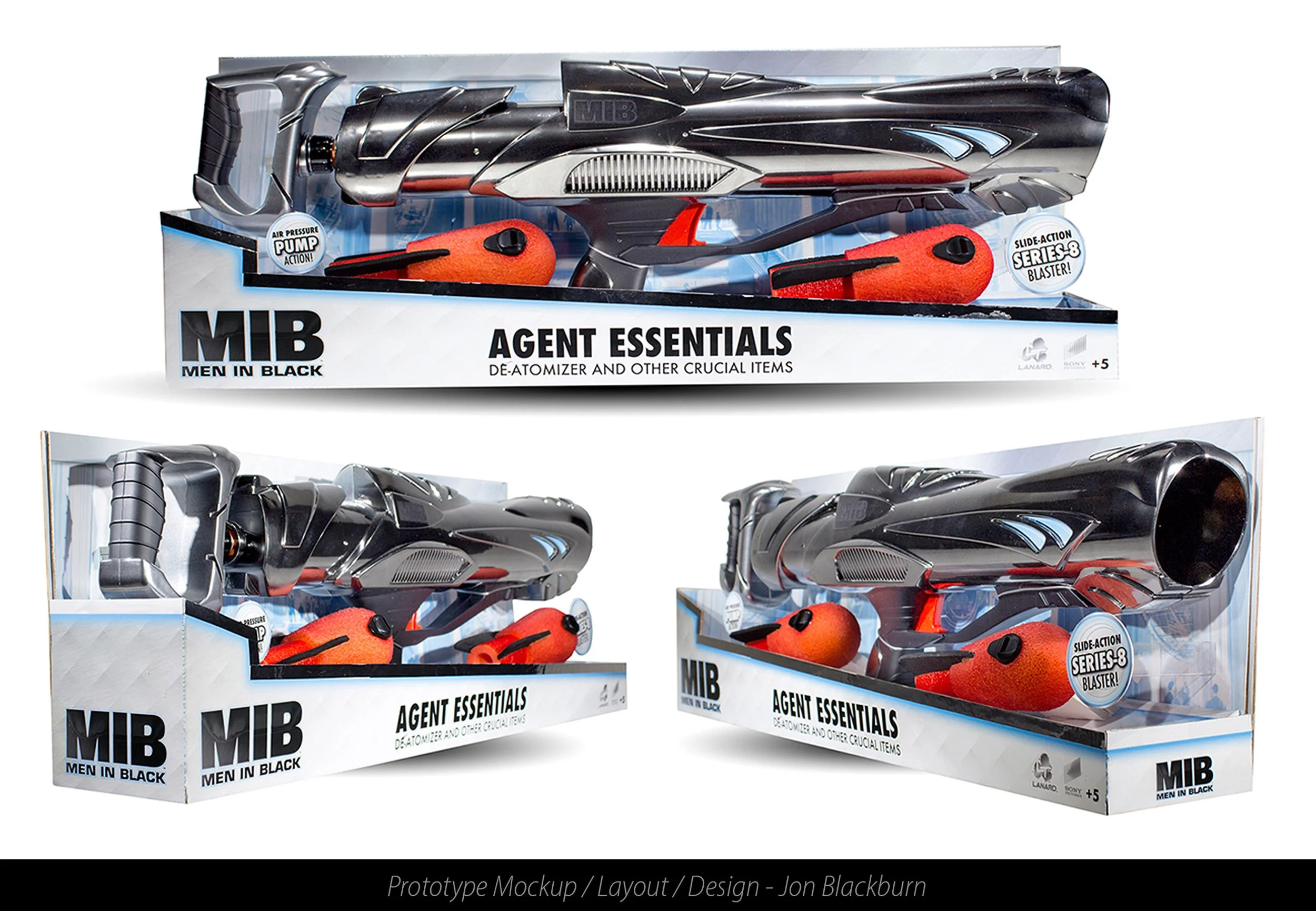 Three toy weapon sets inspired by Men in Black, with each set containing a futuristic gun and a red-orange foam sphere, displayed in transparent packaging labeled 'Agent Essentials'.