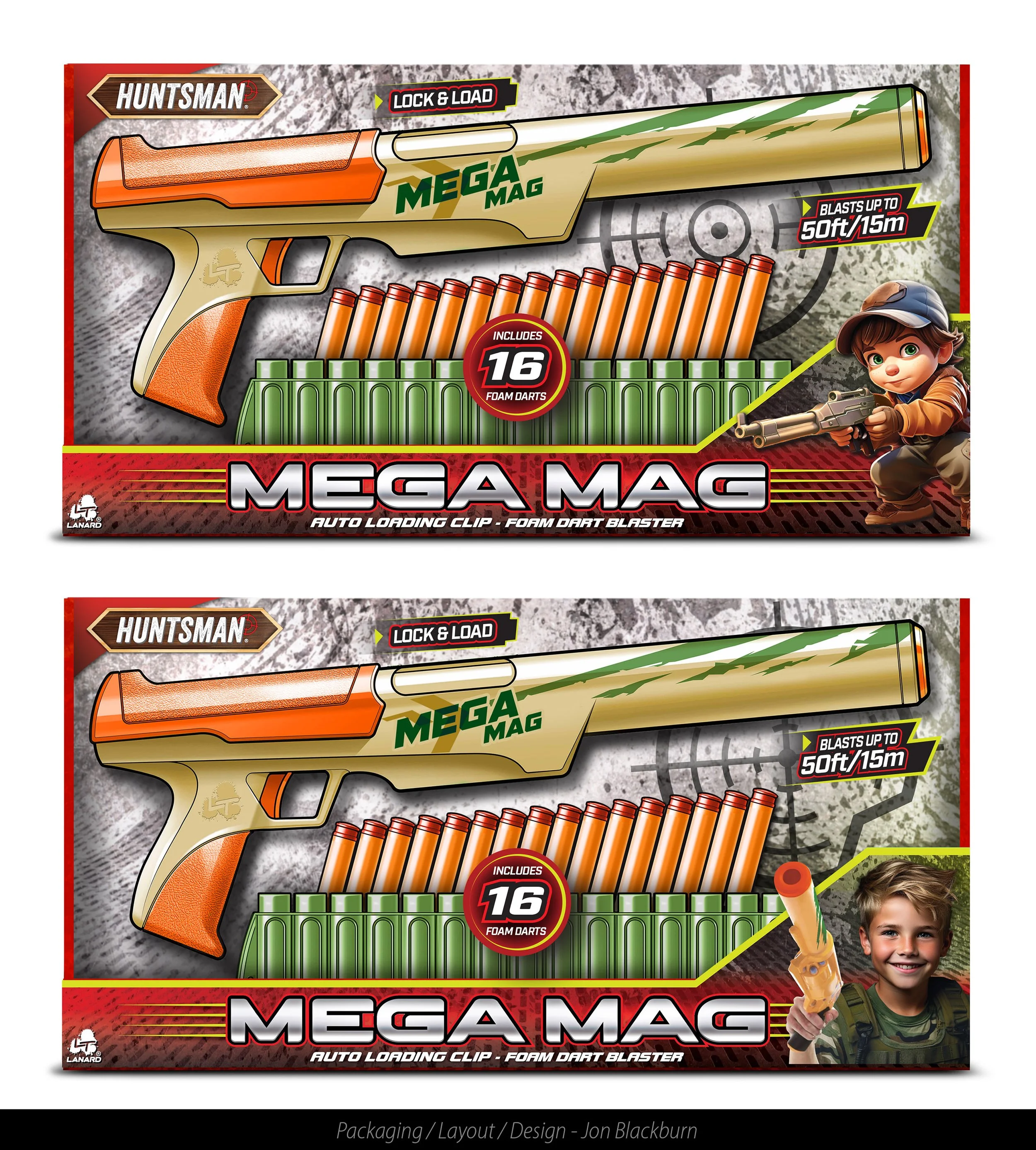 Two toy foam dart blasters in colorful packaging, each with an orange and tan design, labeled 'Huntsman Mega Mag'. The top box features a girl with brown hair, and the bottom box features a boy with light brown hair, both holding foam dart guns. The 