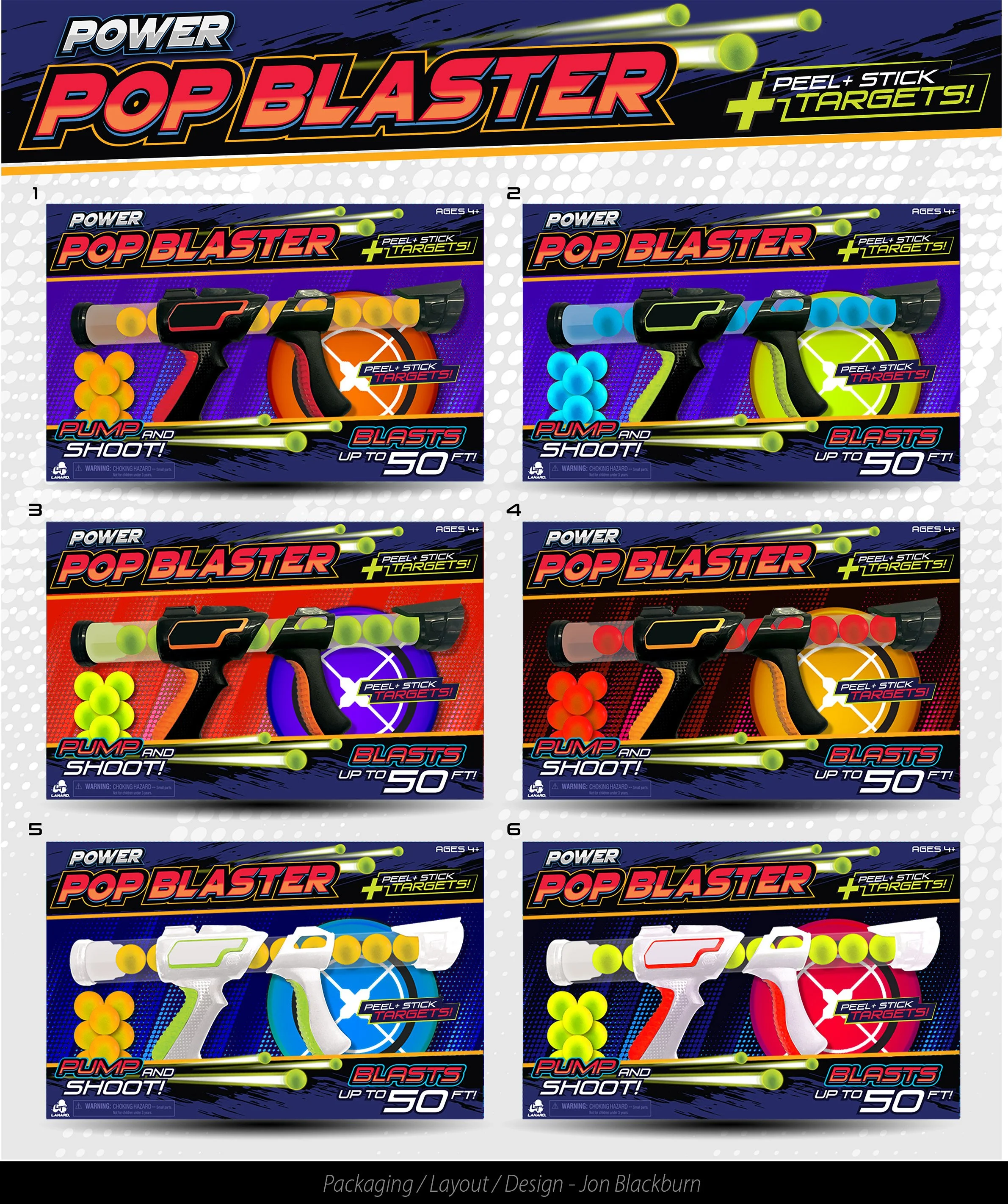 Six boxes of Power Pop Blaster toy with its colorful blasters and foam targets, each box featuring different color schemes and labels, emphasizing puff and shooting action up to 50 feet.