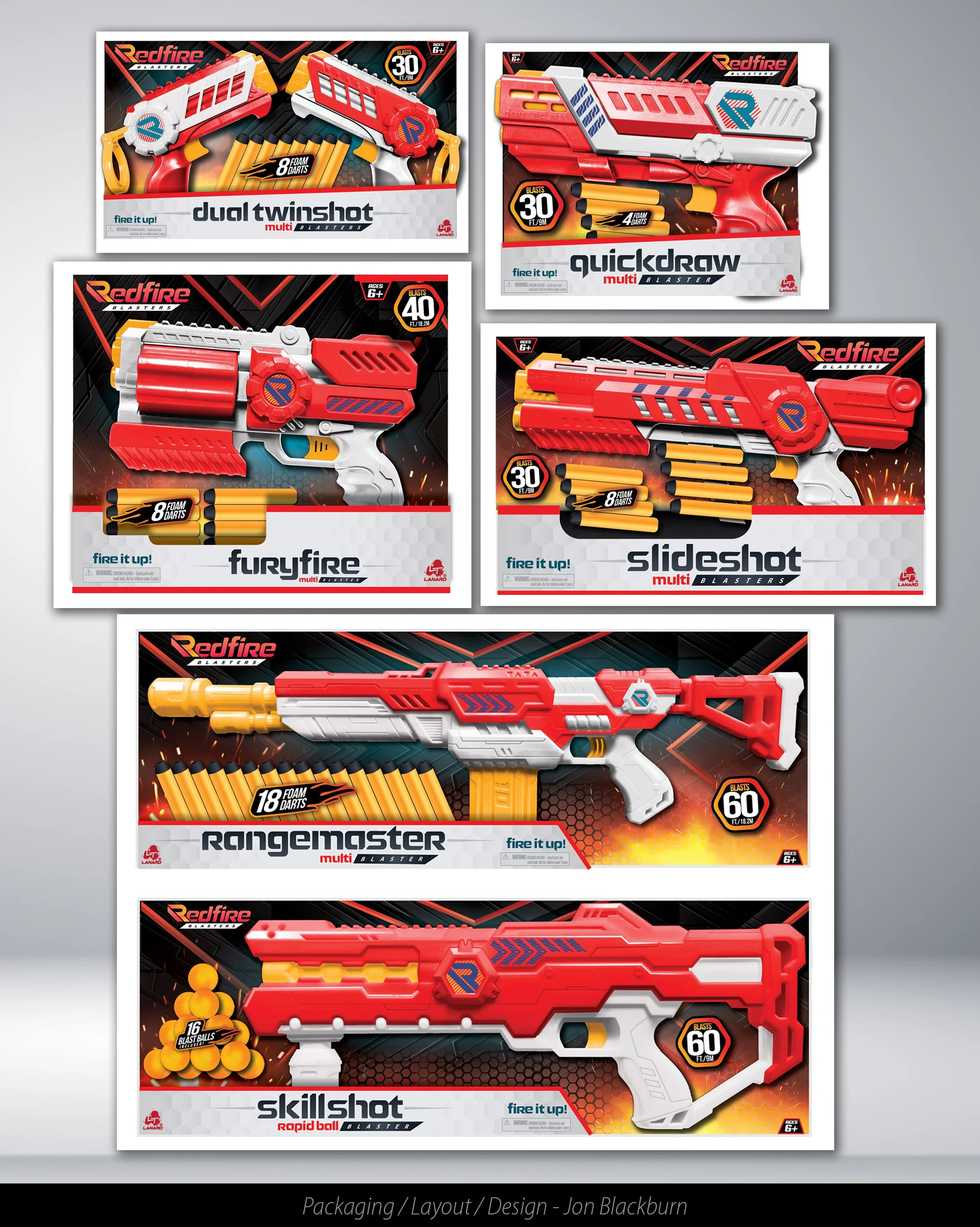 Six toy blasters in their packaging from Redfire brand, designed for children ages 6 and up, featuring various colors and styles with foam darts for play.