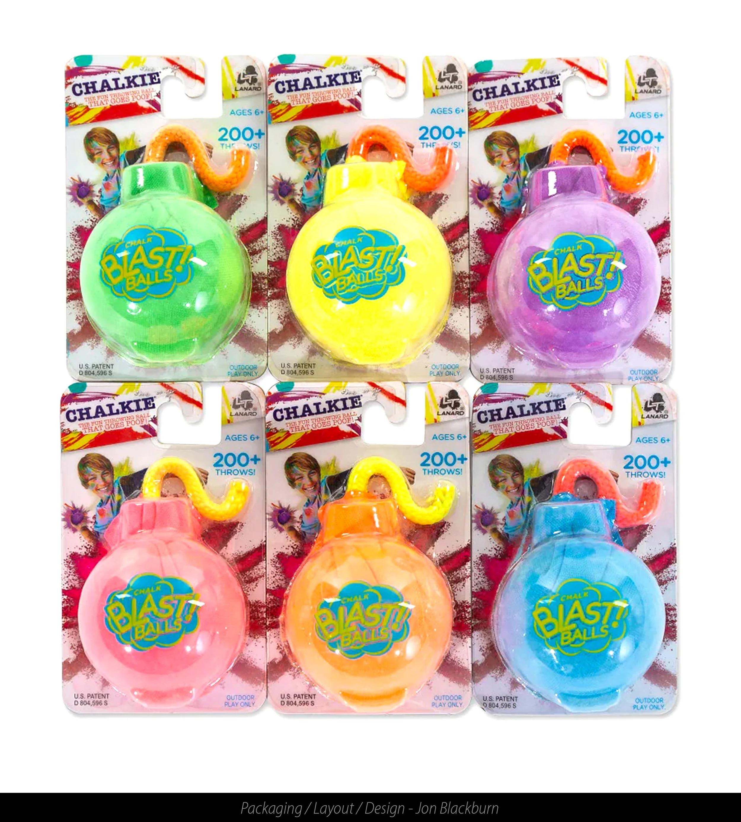 Six bags of Chalkie Blast Balls, a toy with a small spherical chalk ball and a flexible snake attached, in green, yellow, purple, pink, orange, and blue colors.