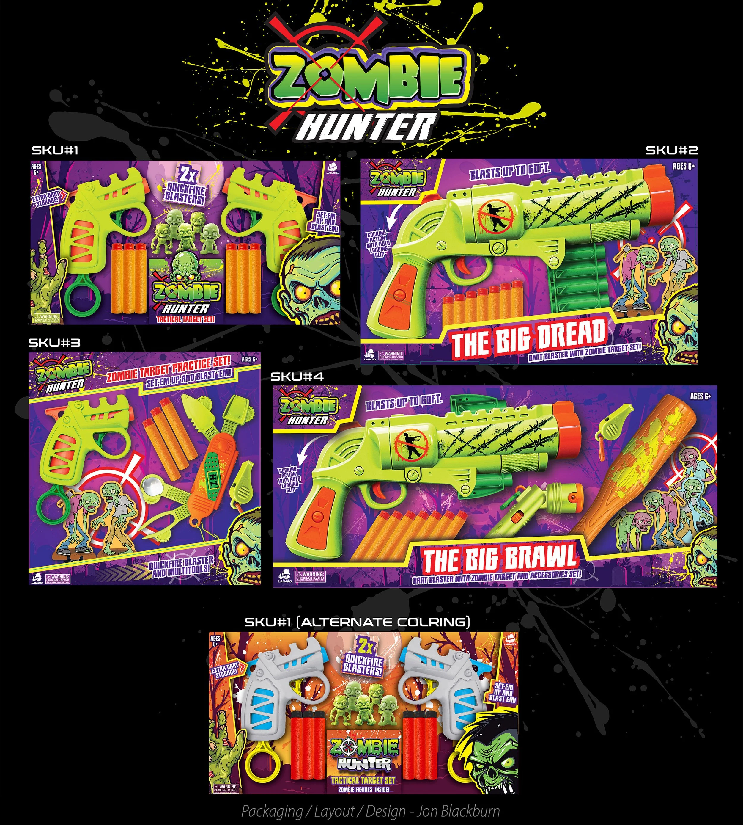 Packaging for a Zombie Hunter toy set including toy guns, zombie targets, and accessories. The packaging features a dark background with zombie illustrations and bright colors, with labels such as "The Big Brawl" and "The Big Dead".