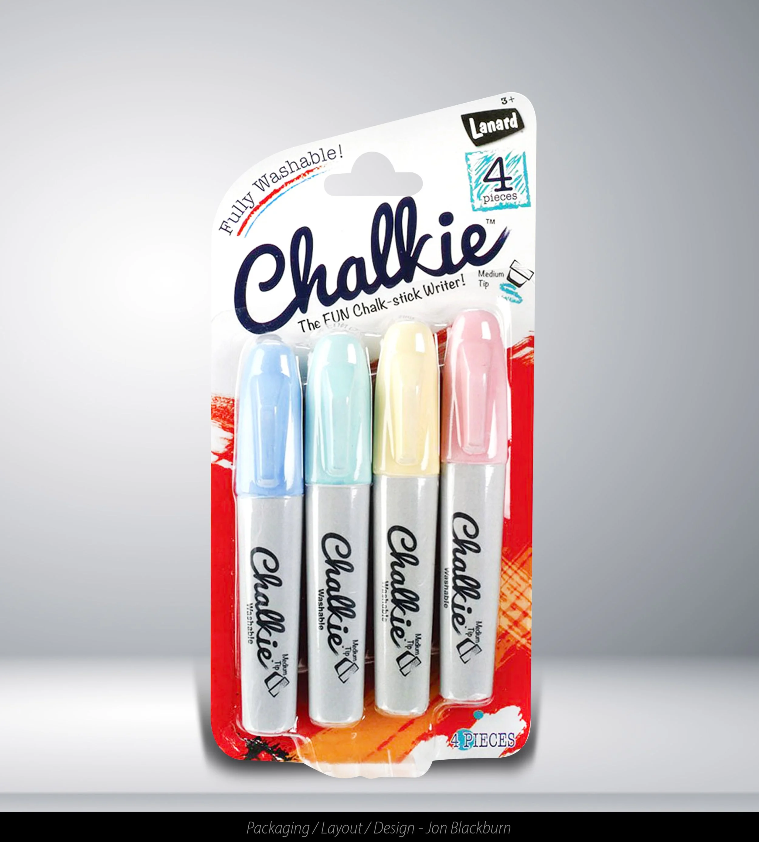 Pack of four washable chalk markers in pastel colors, with blue, green, yellow, and pink caps, labeled as 'Chalkie The FUN Chalk-stick Writer' and featuring a red and white packaging design with a logo, indicating suitability for children age 3 and u