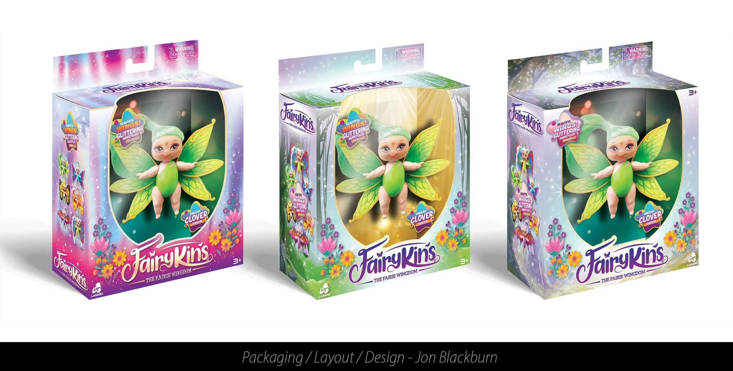 Three fairy-themed toy boxes featuring a fairy doll with green wings and hair, colorful floral and whimsical illustrations, labeled 'FairyKins - The Fairy Kingdom,' with a clear window displaying the fairy doll inside.
