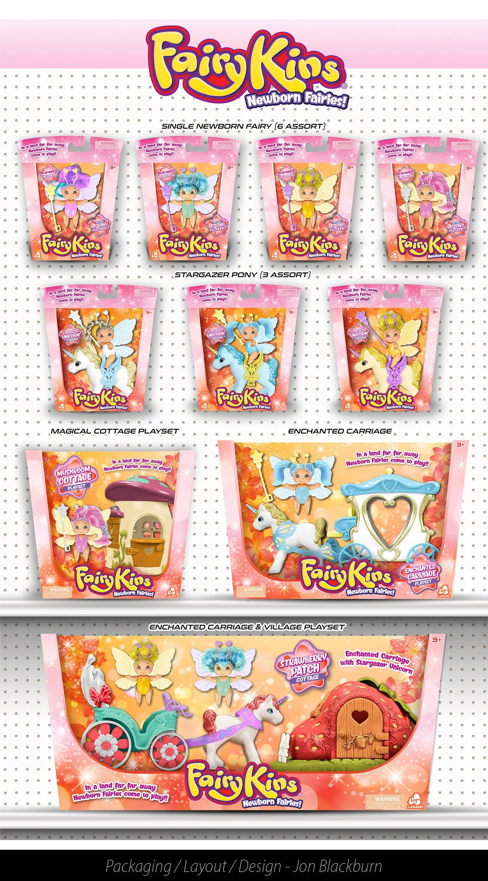 Display of Fairy Kins newborn fairy toy sets, including single fairies, star gazer ponies, enchanted carriages, mushroom cottages, and a village playset, all featuring colorful fairy and unicorn designs.