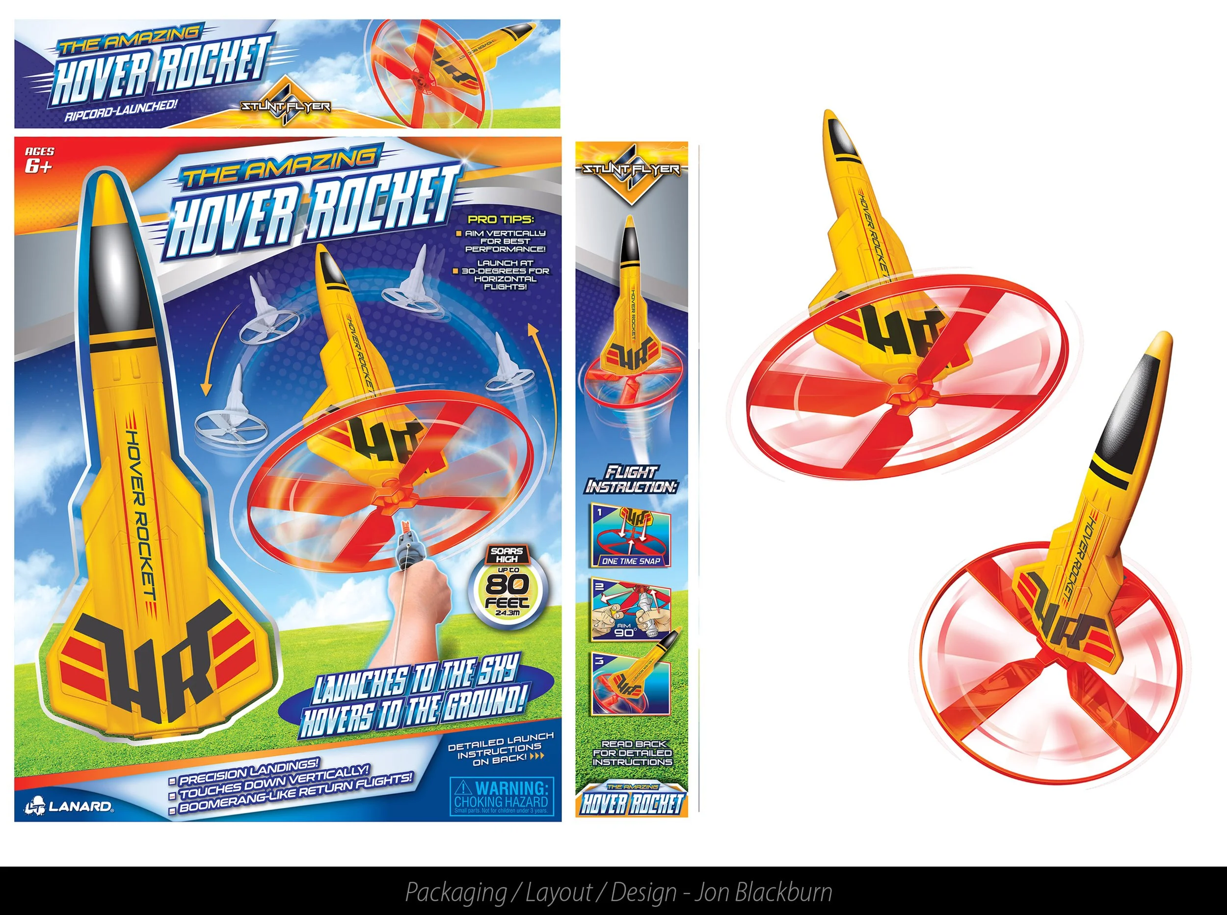 Toy hover rocket with yellow rocket and red propeller flying over green grass, shown in packaging and as disassembled parts on a white background.