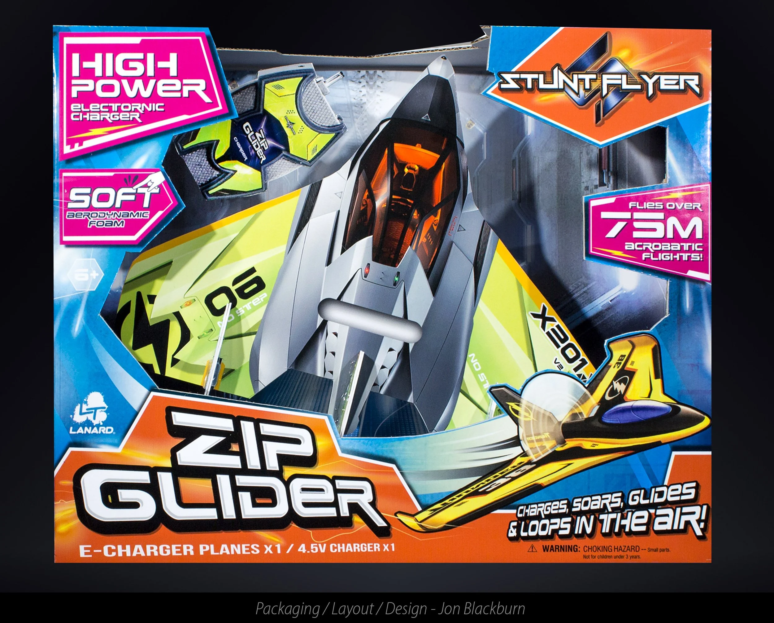 Box packaging for a zip glider toy, featuring an image of a small, sleek, gray and black airplane with orange accents. The box highlights its high power electronic charger, soft aerodynamic foam, and ability to fly over 75 meters with acrobatic fligh