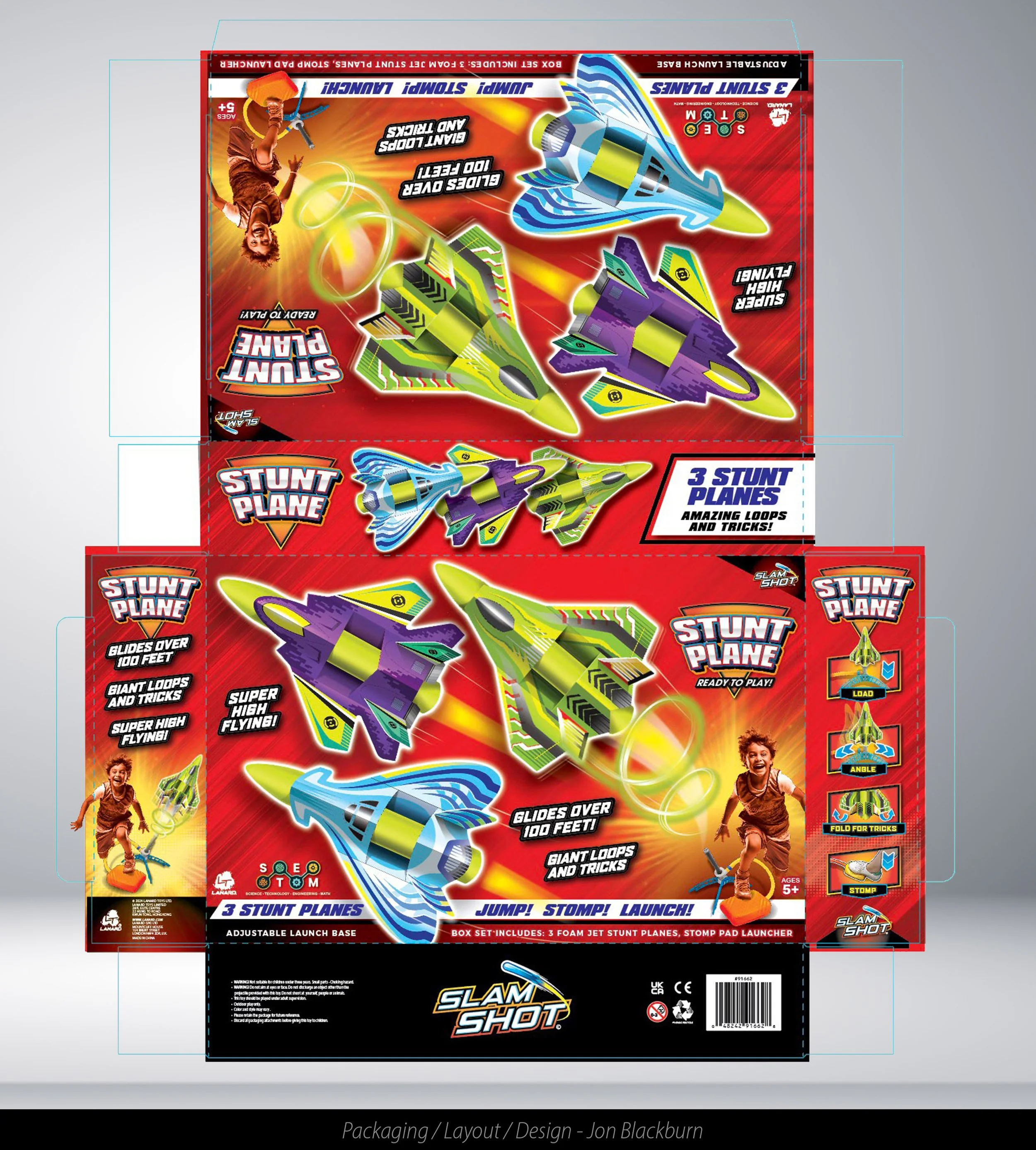 Packaging for Slam Shot stunt planes featuring colorful foam jet planes, a jumping child figure, and various stunt instructions on the box.