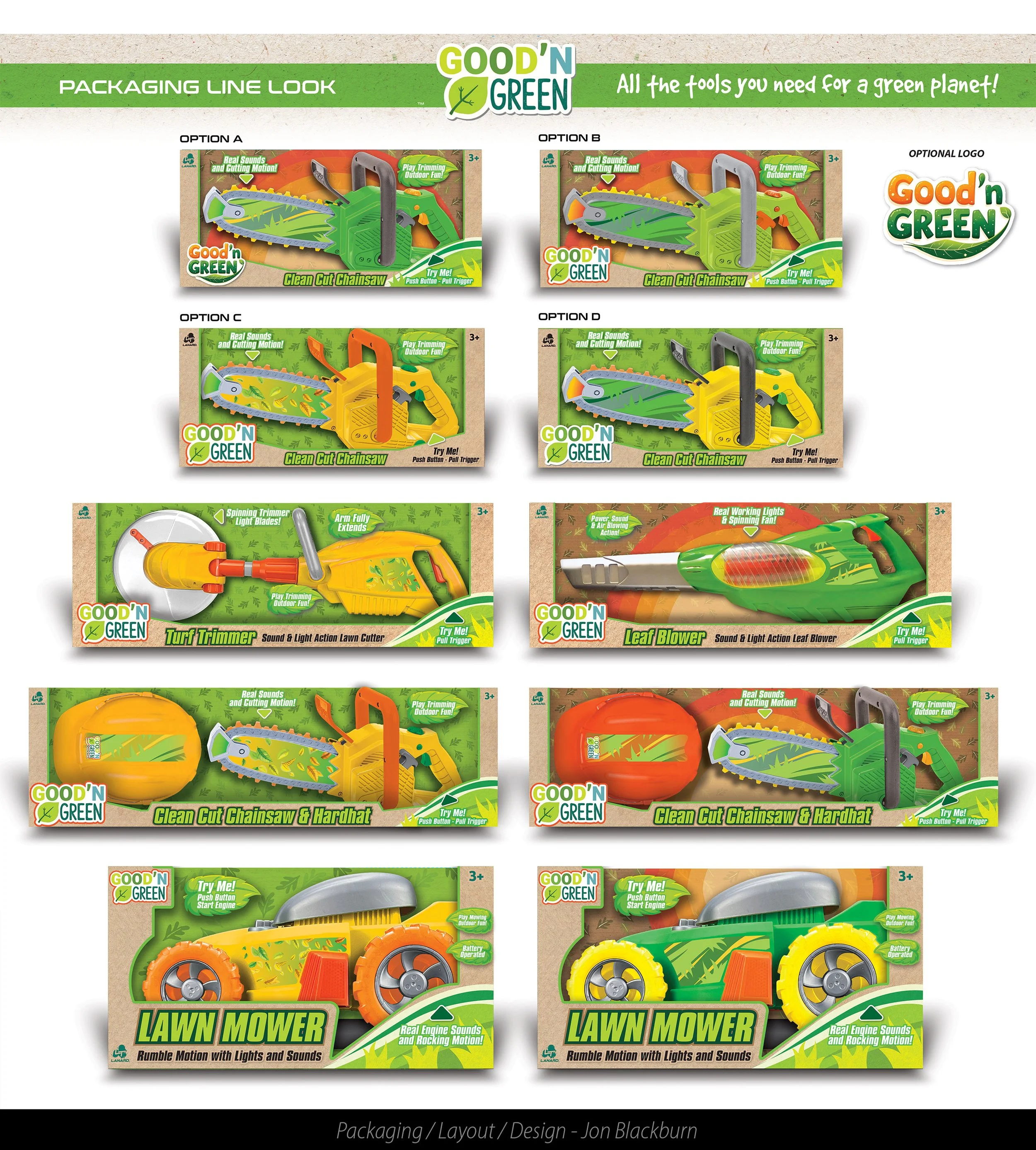 Packaging display for children's outdoor toys, including three chainsaws in different colors, a lawn mower, a leaf blower, and a lawn trimmer. Each toy is in a separate box with green-themed backgrounds and colorful graphics.