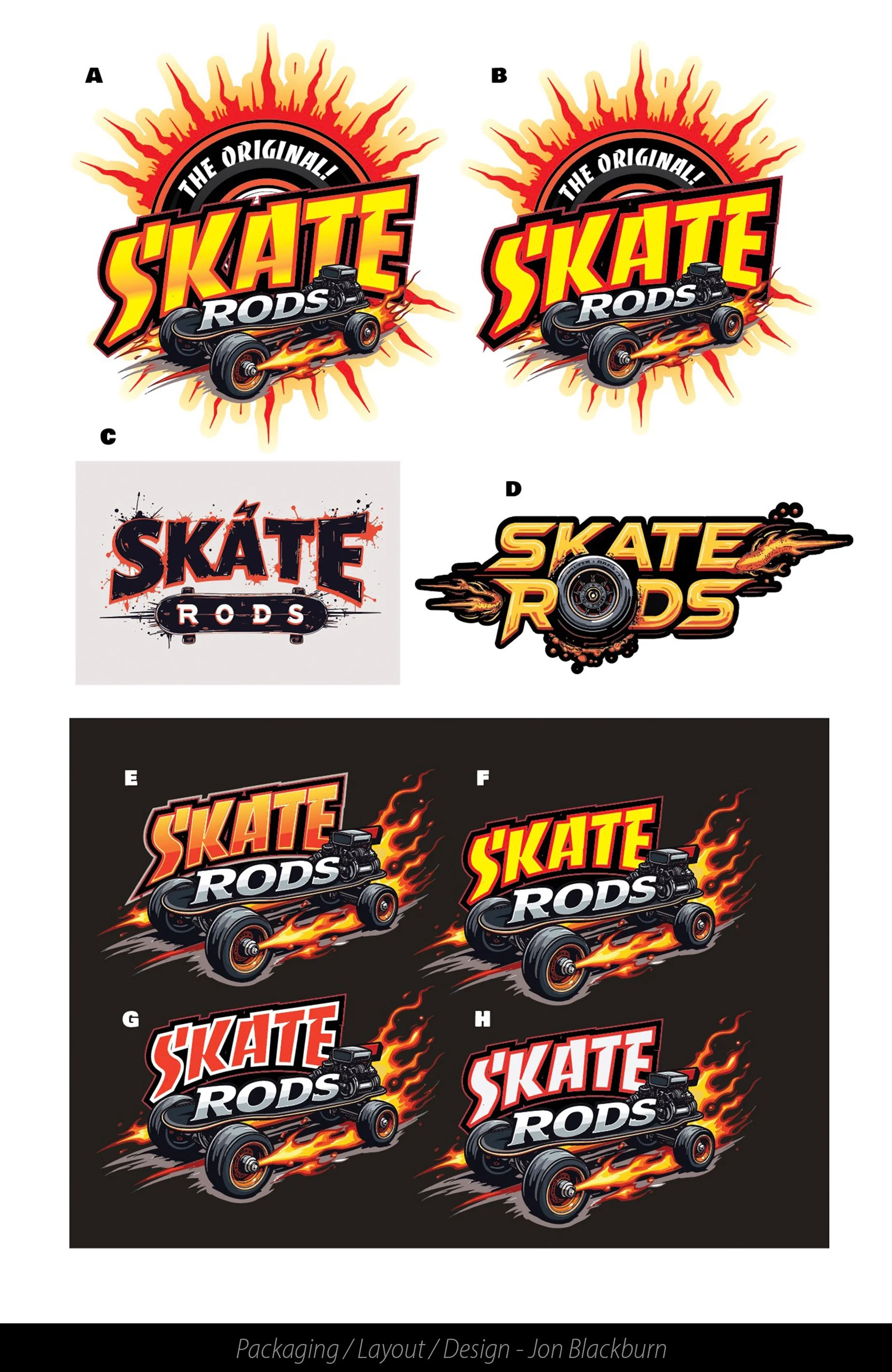 Various skateboard-themed logo designs with the words 'Skate Rods' in bold, colorful fonts, some with flames and dynamic backgrounds.