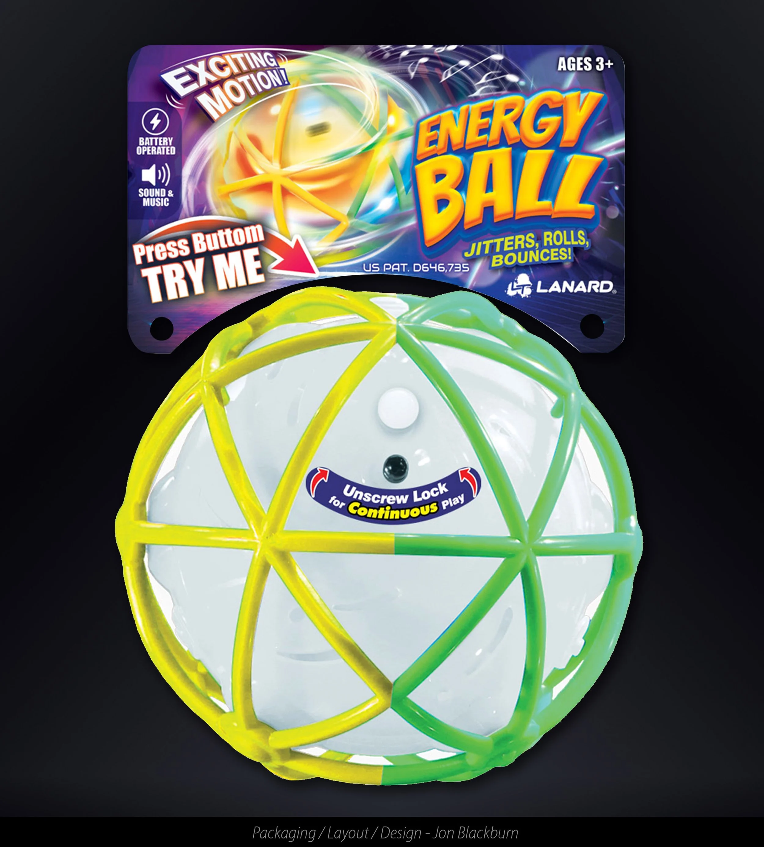 Colorful energy ball toy with a connected plastic framework, labeled with an instruction to unscrew lock for continuous play, packaged with vibrant graphics and branding, suitable for ages 3 and up.