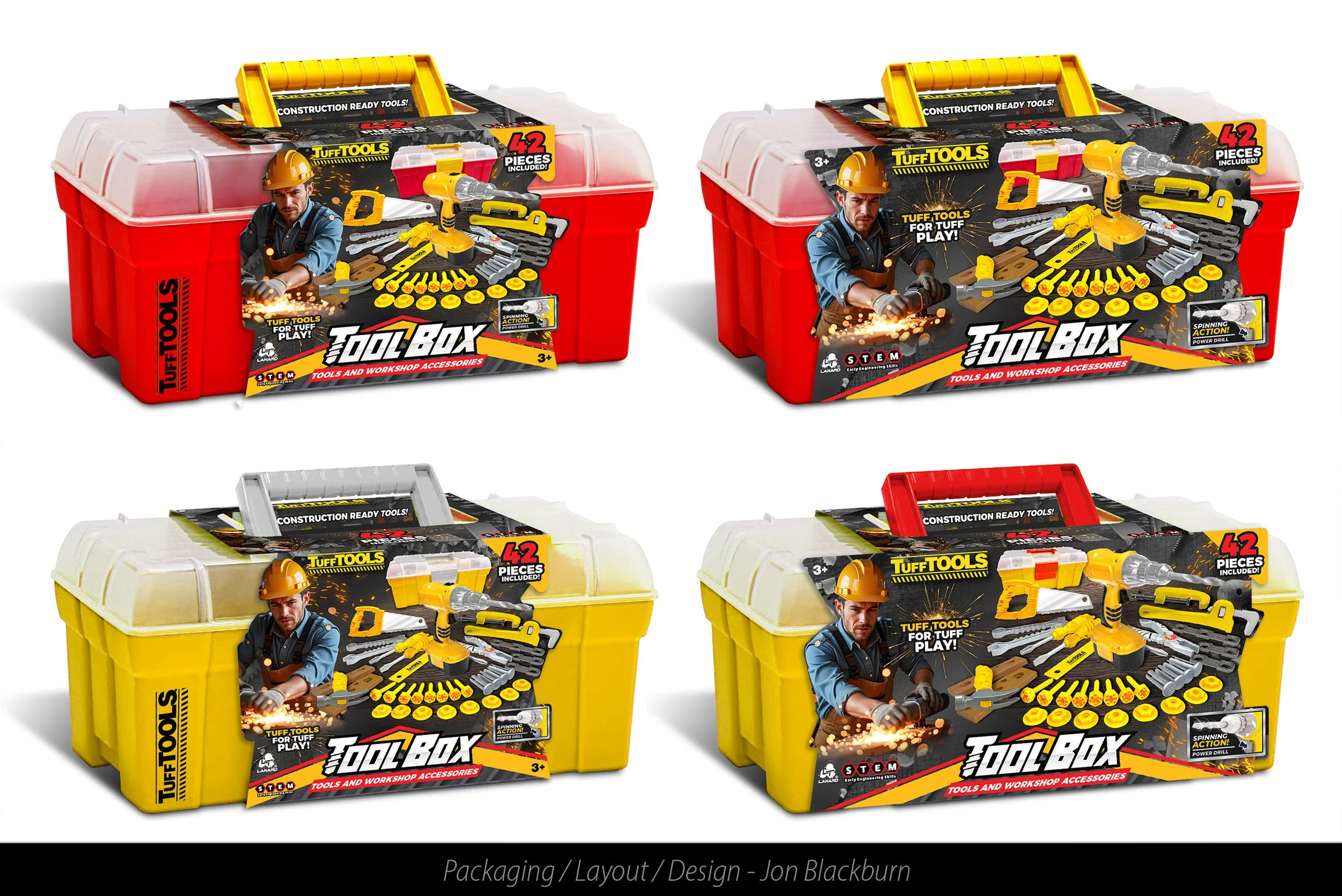 Four plastic storage toolboxes in red, yellow, white, and yellow with red, each containing toy tools and accessories for children ages 3 and up.