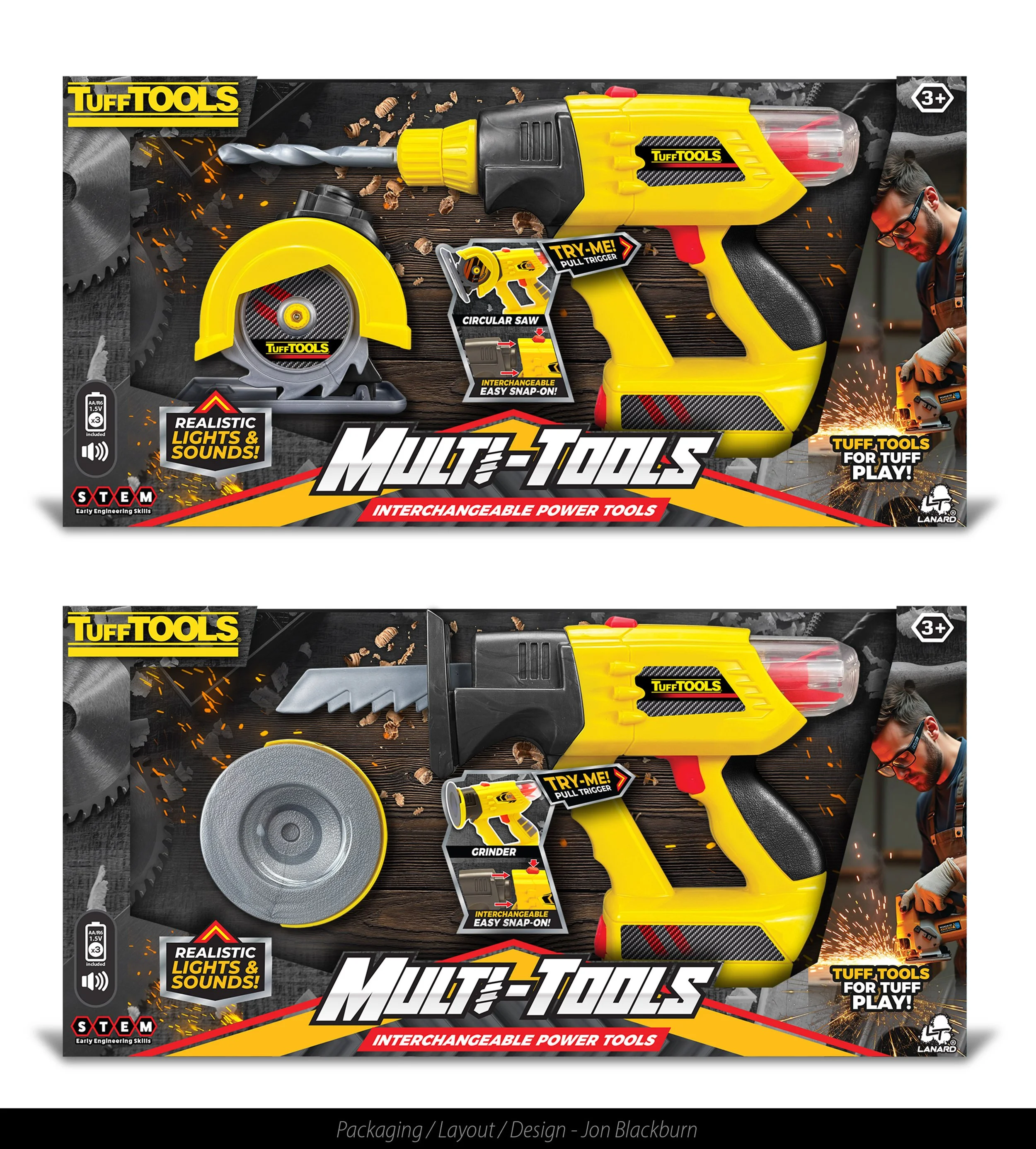 Toy multi-tool set featuring a pretend drill, circular saw, and grinder, with interchangeable attachments, realistic lights and sounds, and packaging with a young man using the tools.