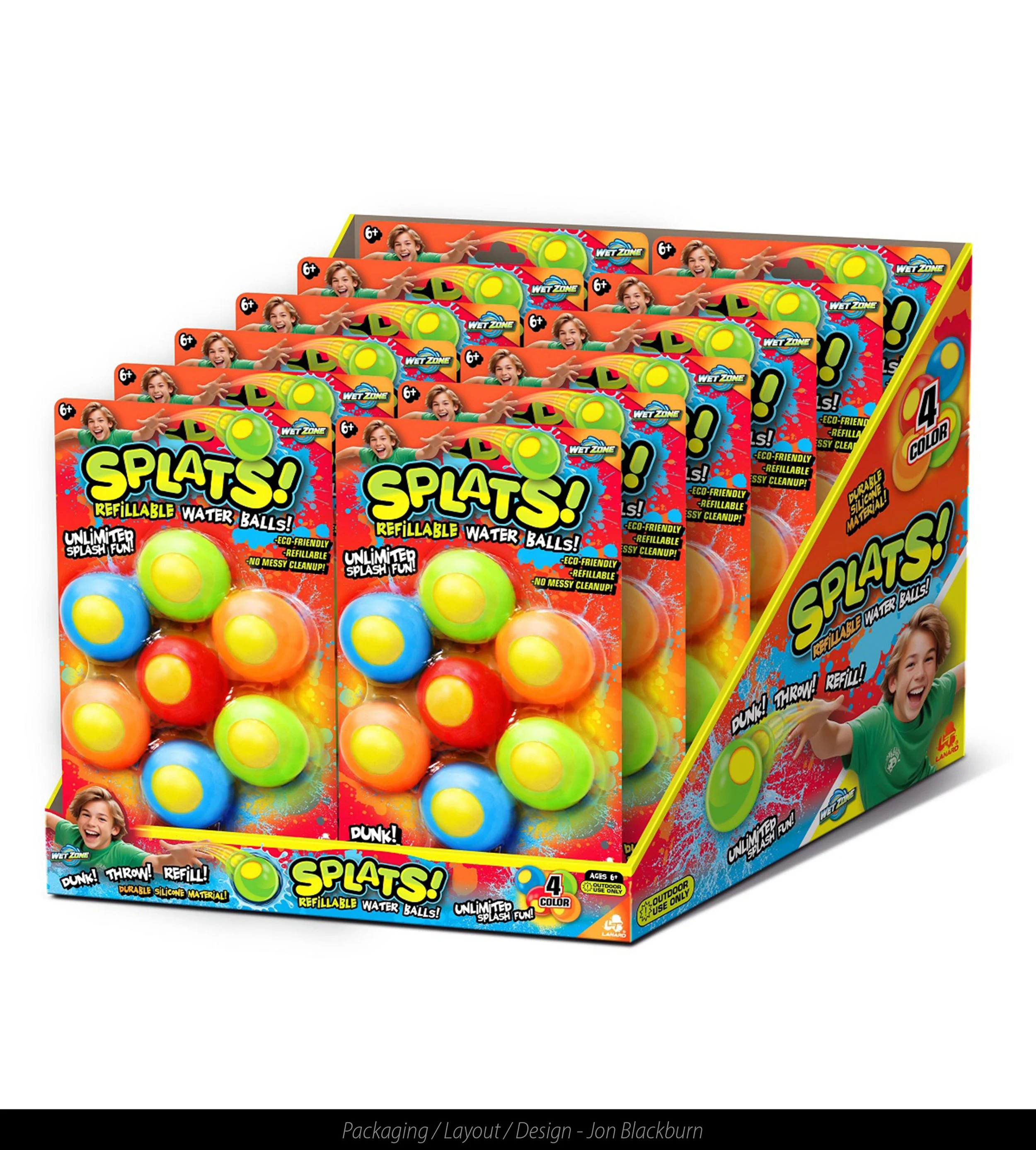 Colorful boxes of refillable water splash balls with a young girl on the packaging, demonstrating their use and fun.