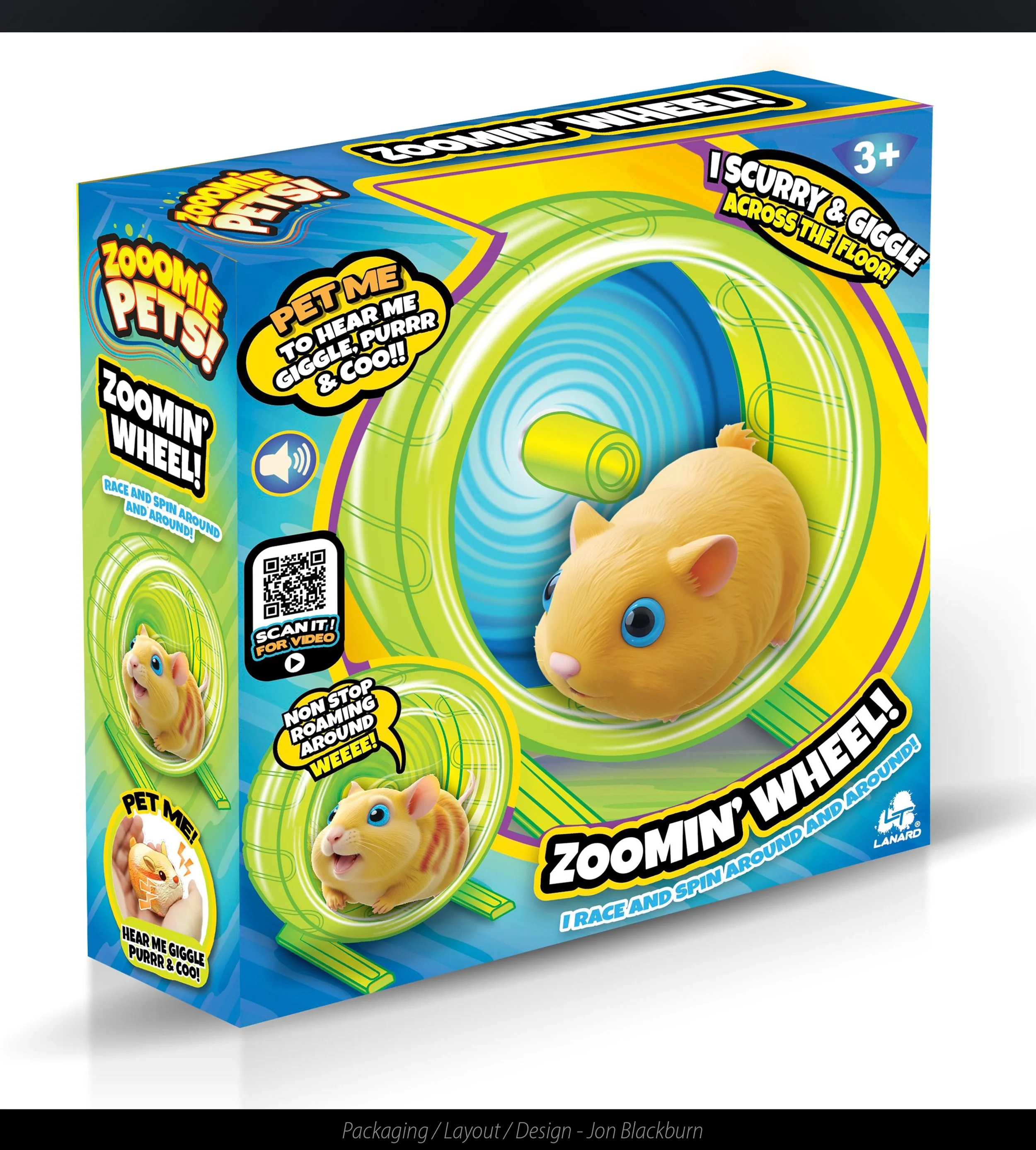 A toy hamster on a green and blue spinning wheel with colorful packaging, featuring playful text and images of the hamster in different positions, indicating it races and spins around.