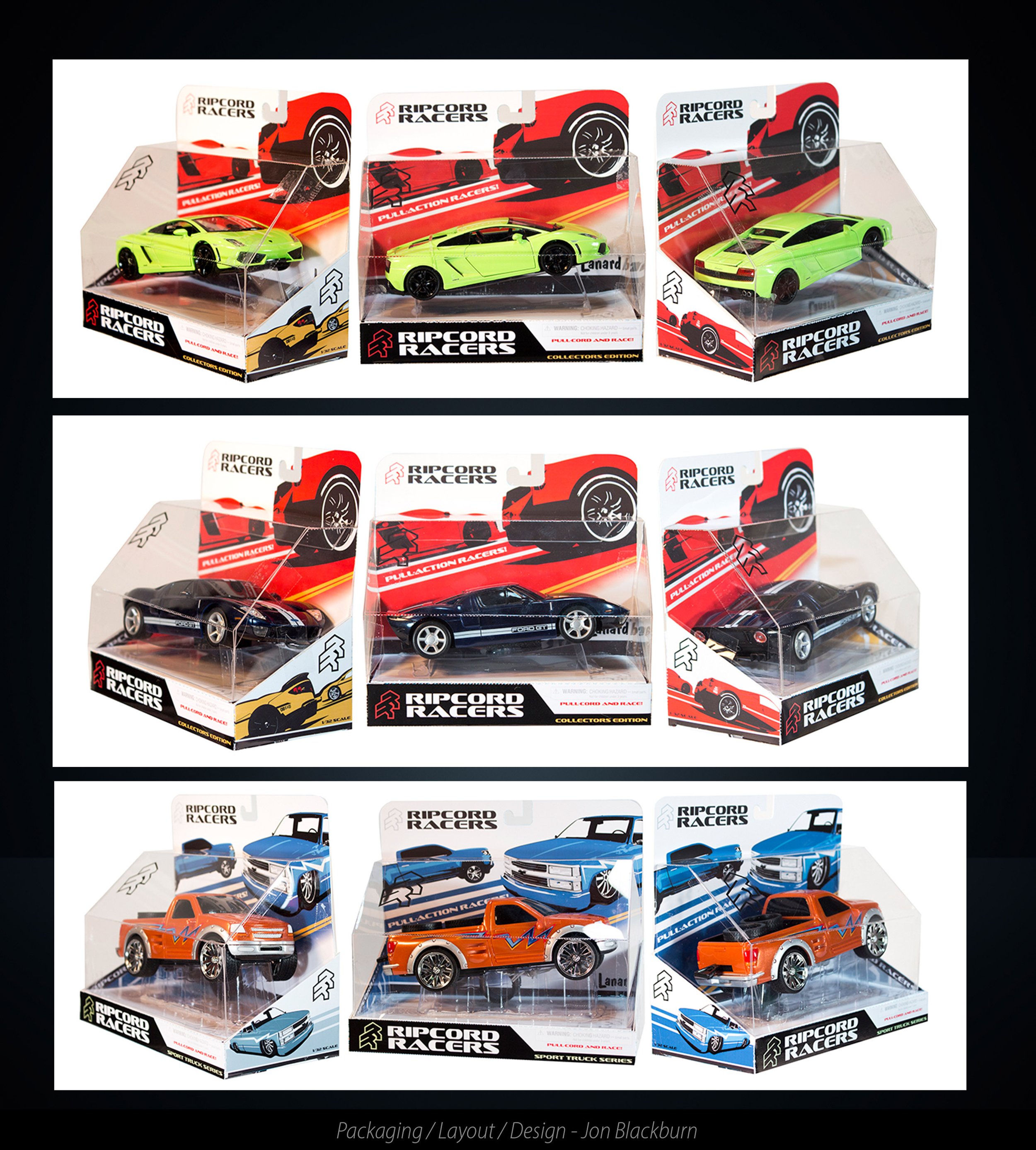 Collection of nine toy cars in model packaging, featuring various racetrack and sport truck themes.