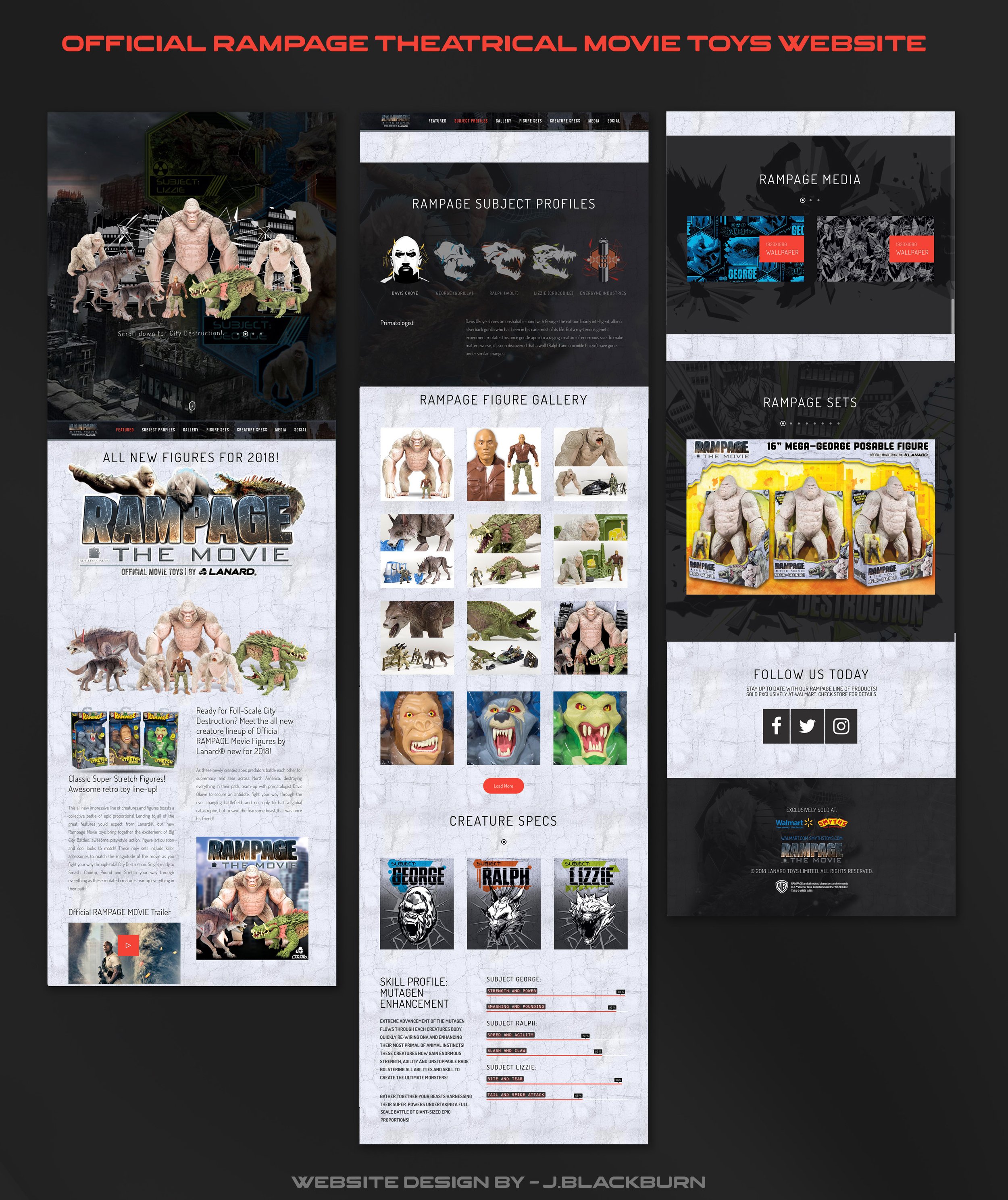 A webpage featuring toys from 'Rampage The Movie,' showcasing figures, sets, and character profiles, with promotional content and social media links.