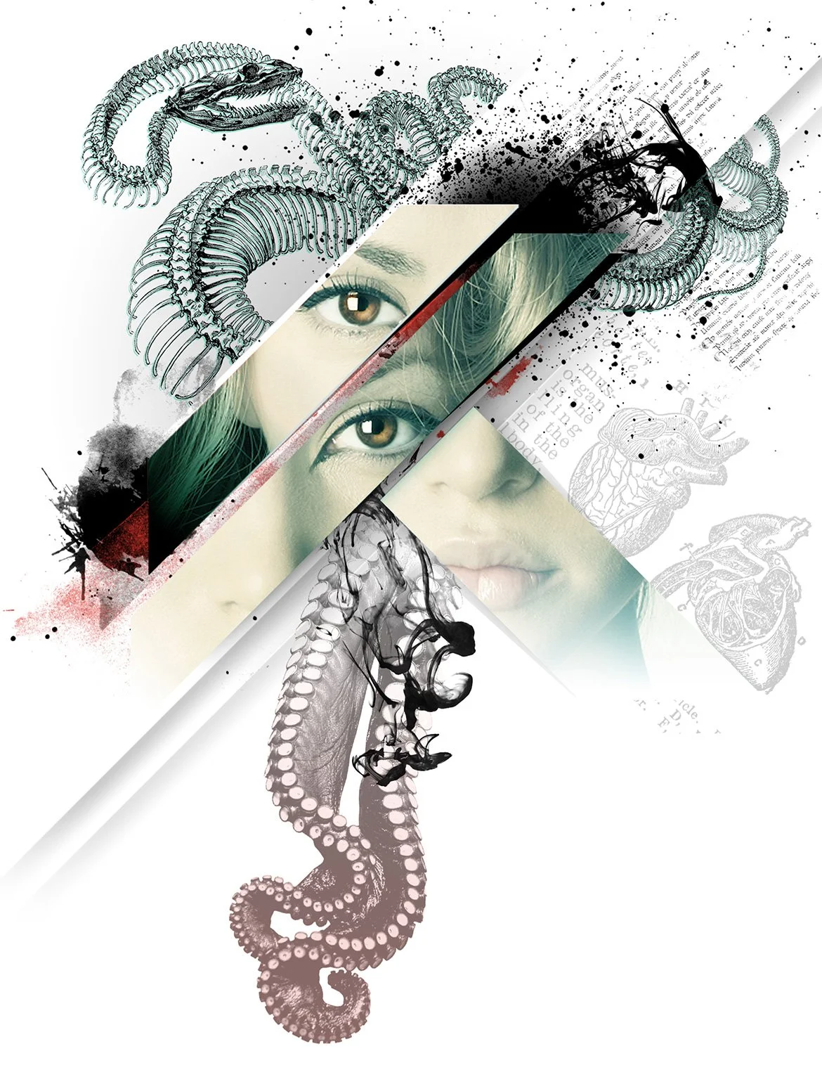 A digital collage featuring a woman's face, anatomical drawings of a snake, octopus tentacle, and heart, with abstract ink splatters and text scattered throughout.