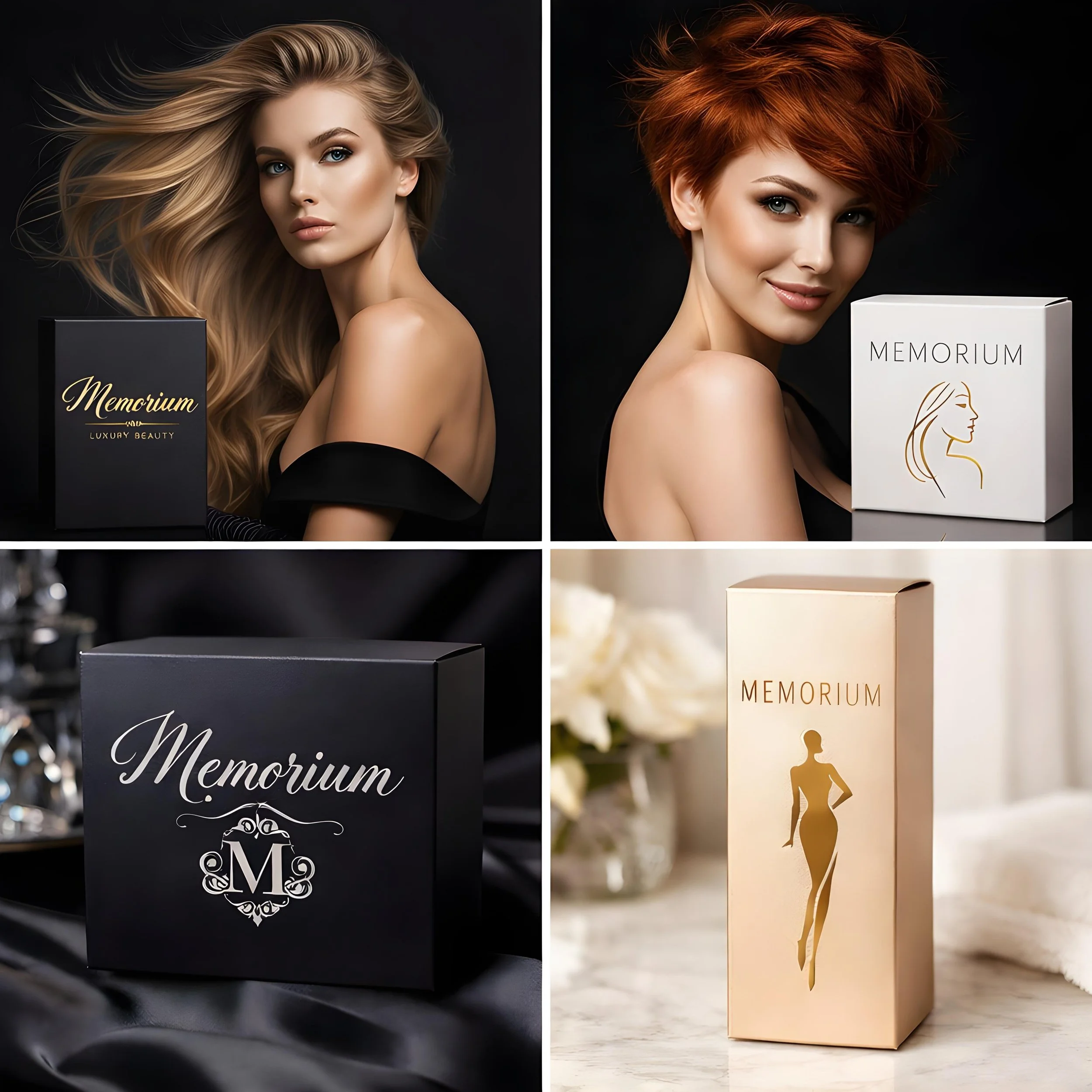 Four luxury beauty product boxes with women models and elegant packaging designs.