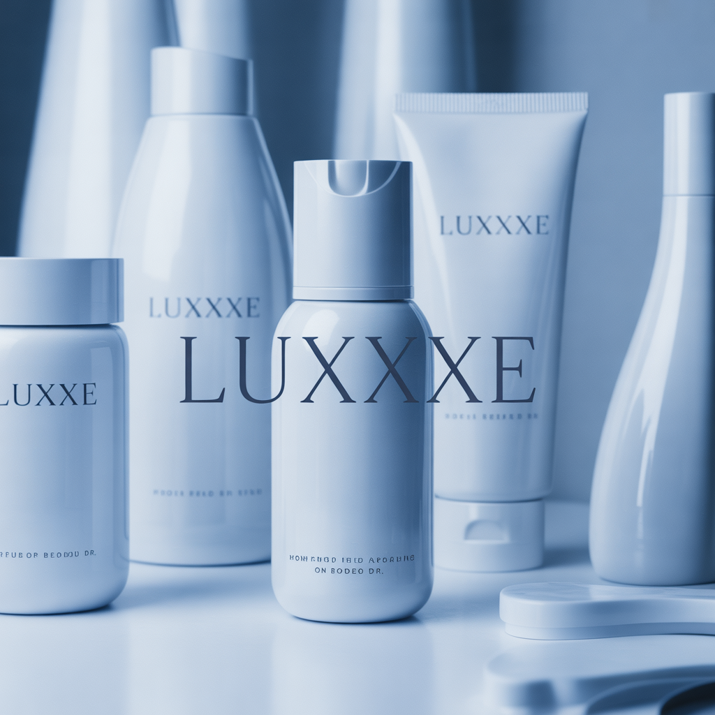 A collection of skincare or cosmetic products with the brand name 'LUXXE' on a white surface.
