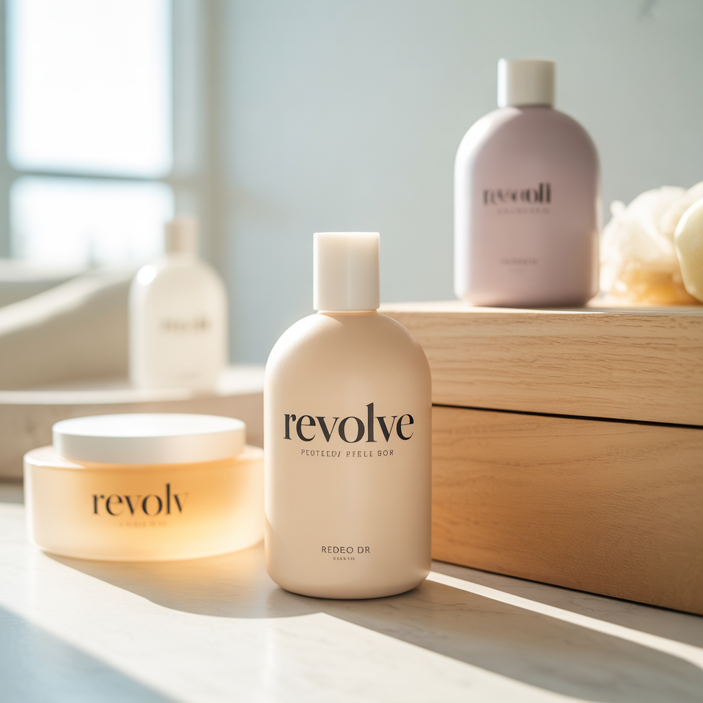 Various skincare products labeled 'Revolve' placed on a white surface with a light wooden box and a blurred window in the background.