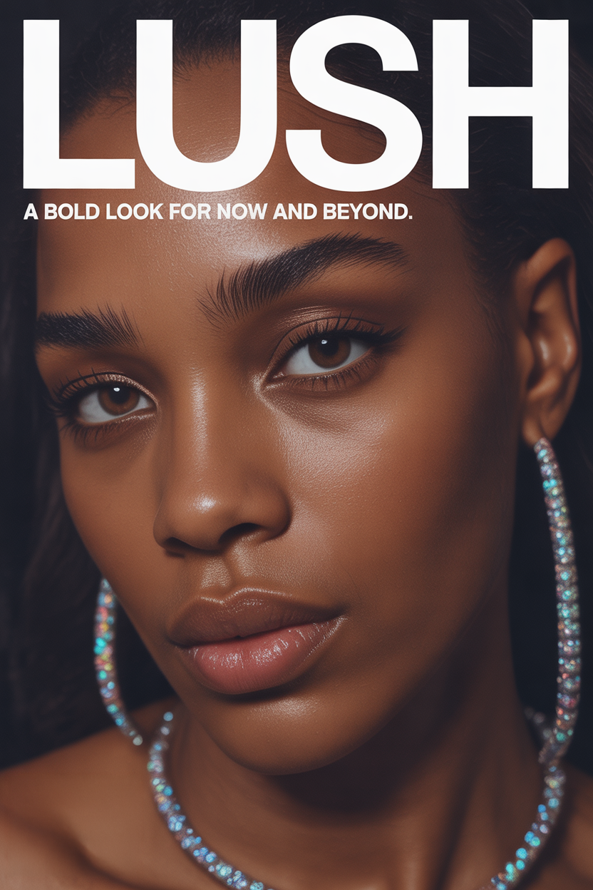 Close-up of a woman's face with bold makeup, large hoop earrings, and a matching necklace, with the word "LUSH" and supporting text above.