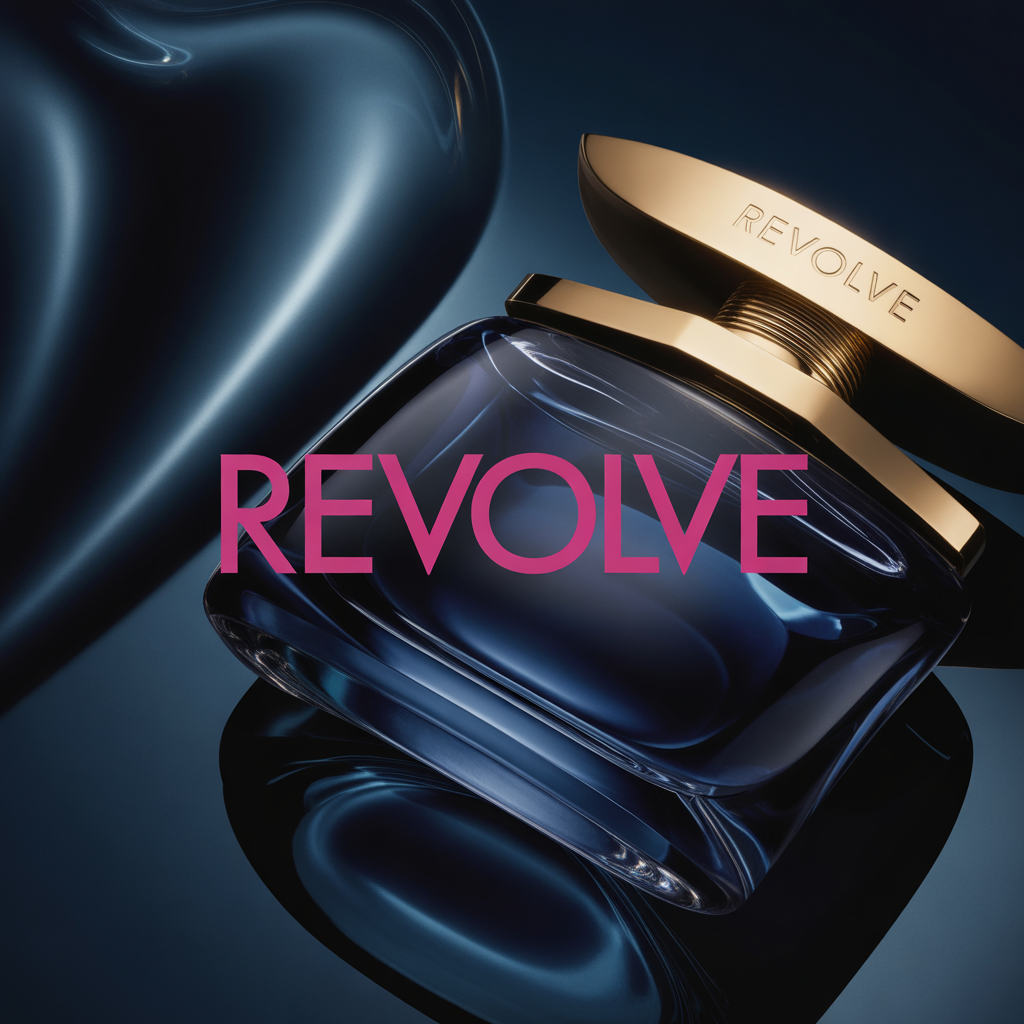 A perfume bottle with a dark blue liquid inside, labeled 'REVOLVE' on the front, and a gold-colored cap engraved with 'REVOLVE' on top. The background is dark with a smooth, shiny metallic object reflecting light.