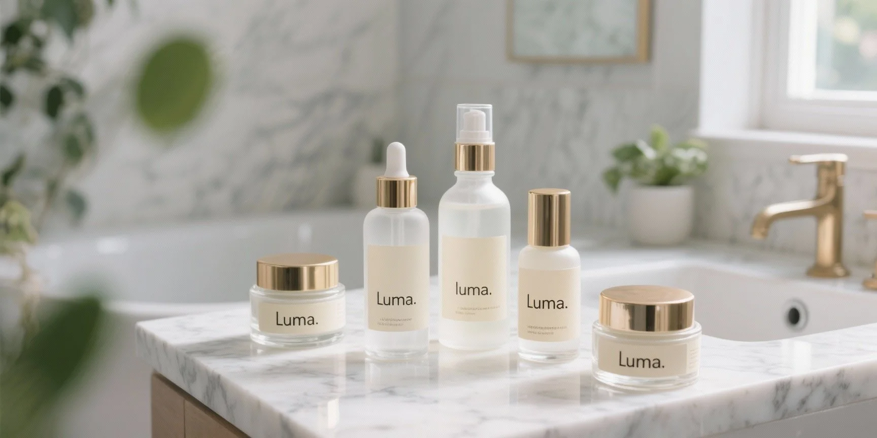 A display of skincare products with white and gold packaging on a marble countertop in a bathroom setting.