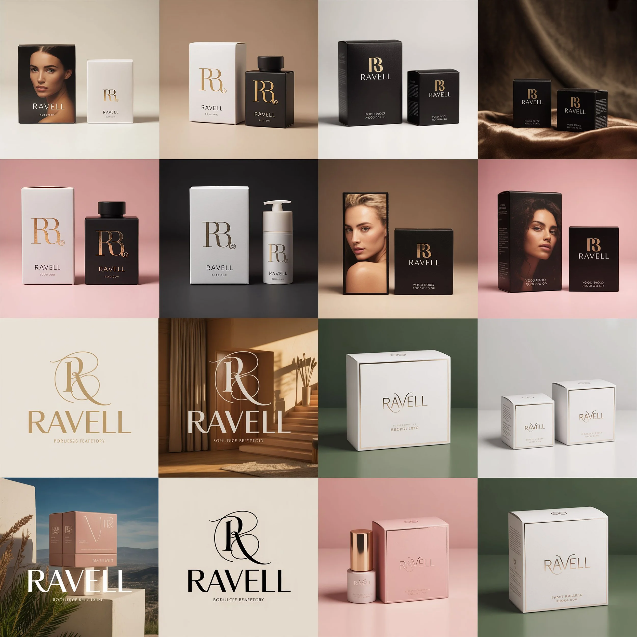 Collage of various Raviell perfume and beauty product packaging, including boxes, bottles, and promotional images featuring models, with different color backgrounds and branding styles.