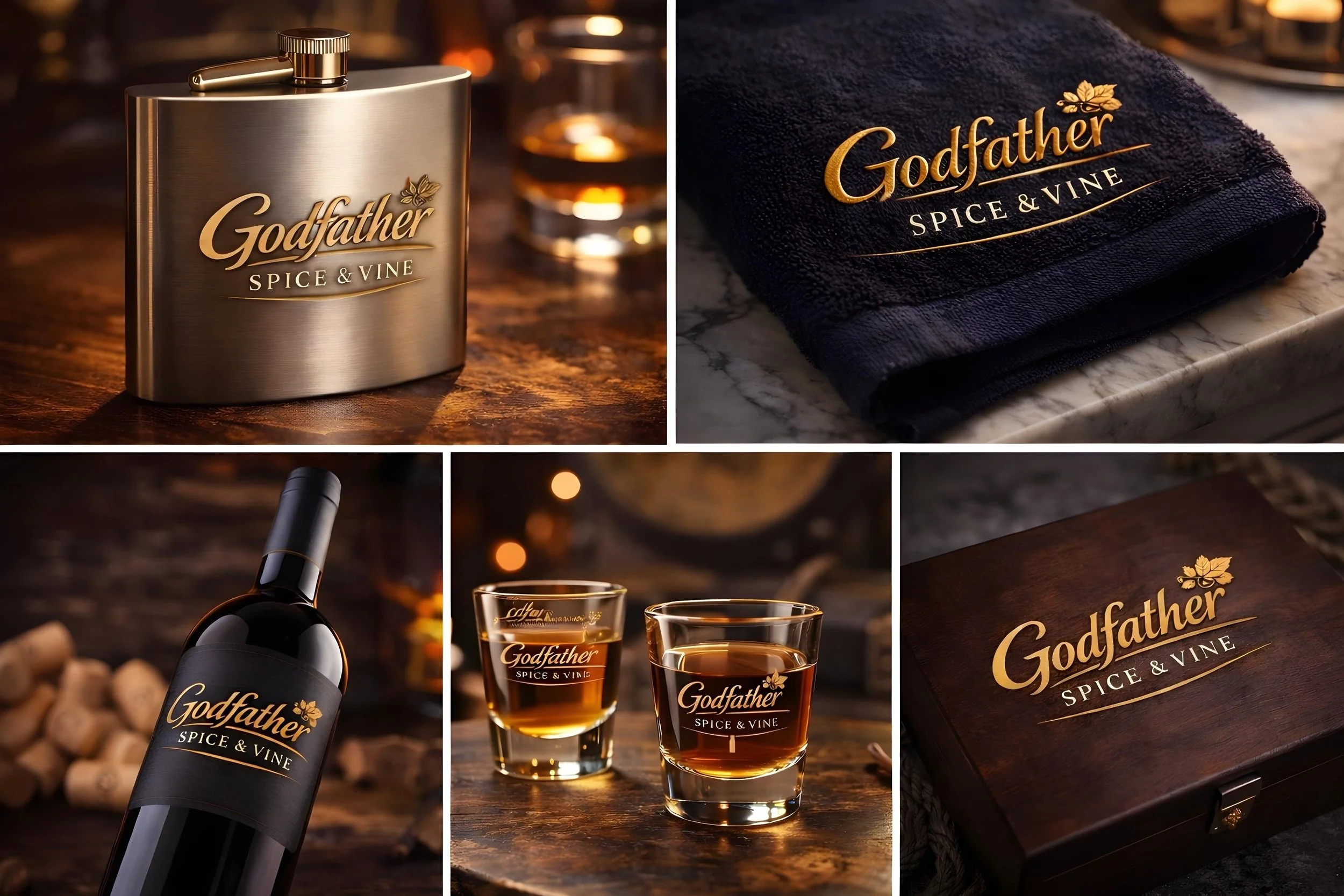 A collection of six images featuring Godfather Spice & Vine products. The images include a metal flask, a black towel, a wine bottle, two glasses of alcohol, and a wooden box, all branded with the Godfather Spice & Vine logo with gold lettering and a
