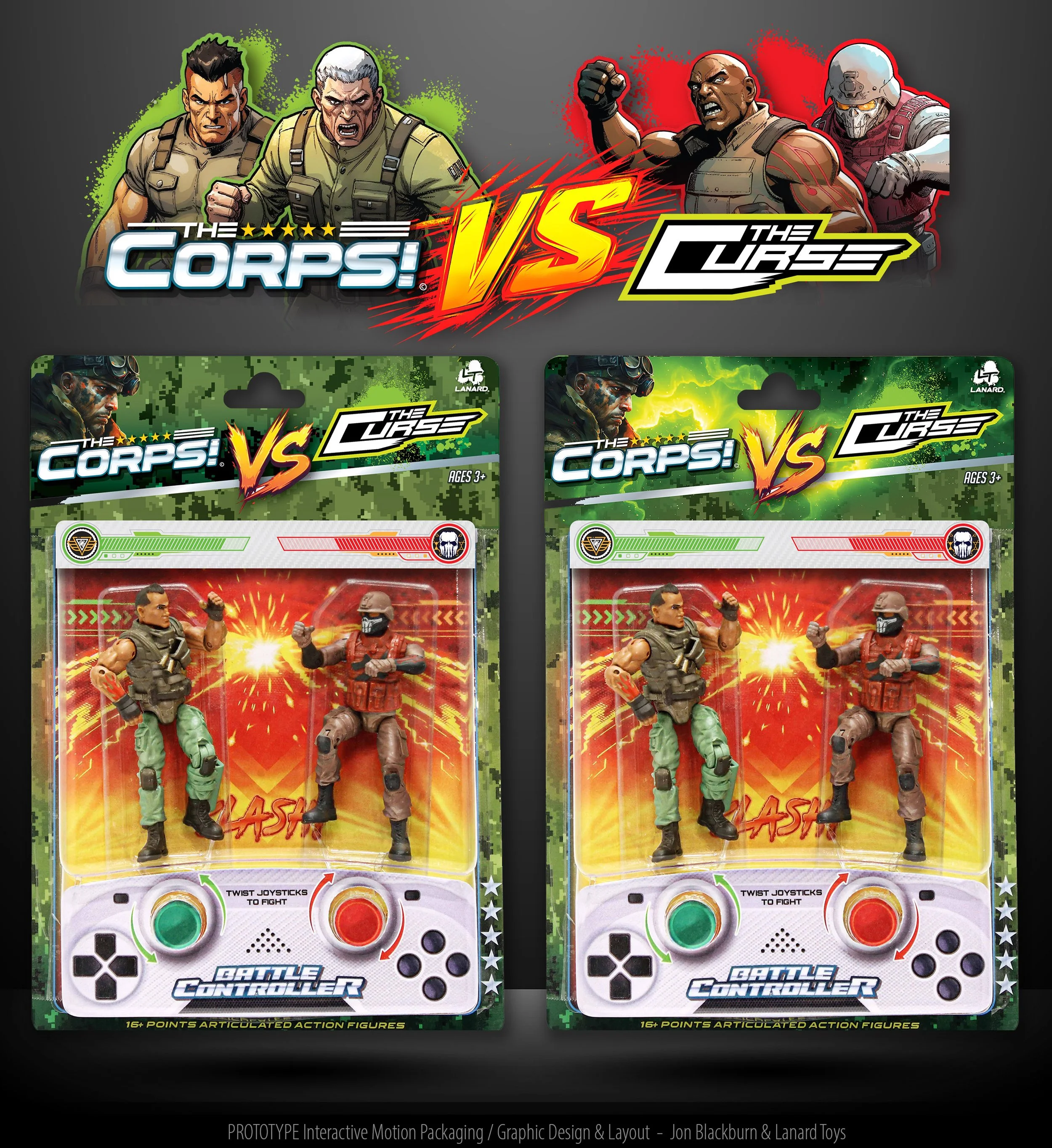 Two boxed sets of action figures themed around 'The Corps! vs The OC!' video game, featuring military-inspired characters with toy controllers. The boxes have green and red military camouflage backgrounds, with figures posed for combat. Each set incl
