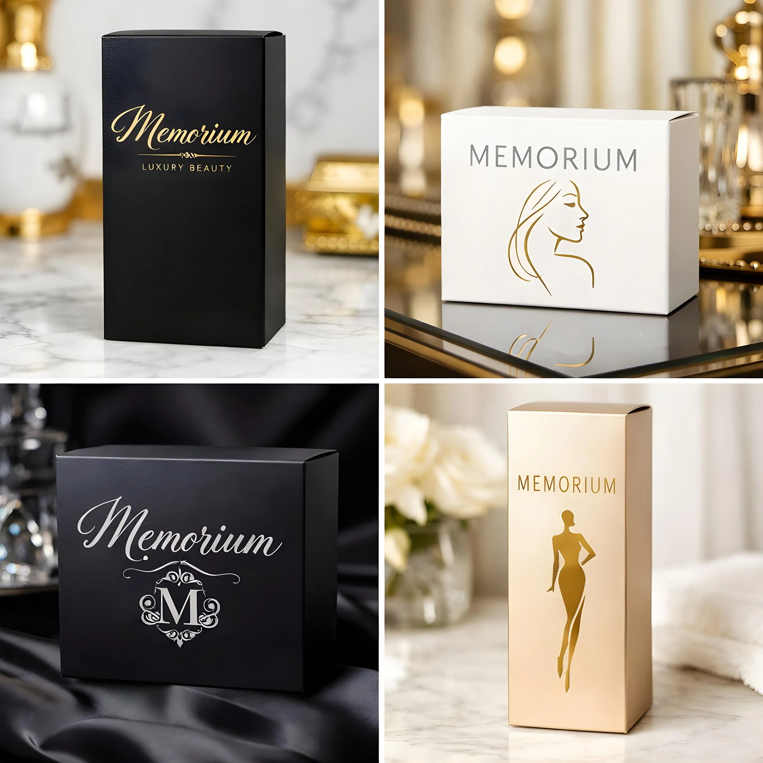 Four luxury perfume boxes with different designs and colors displayed on elegant surfaces.