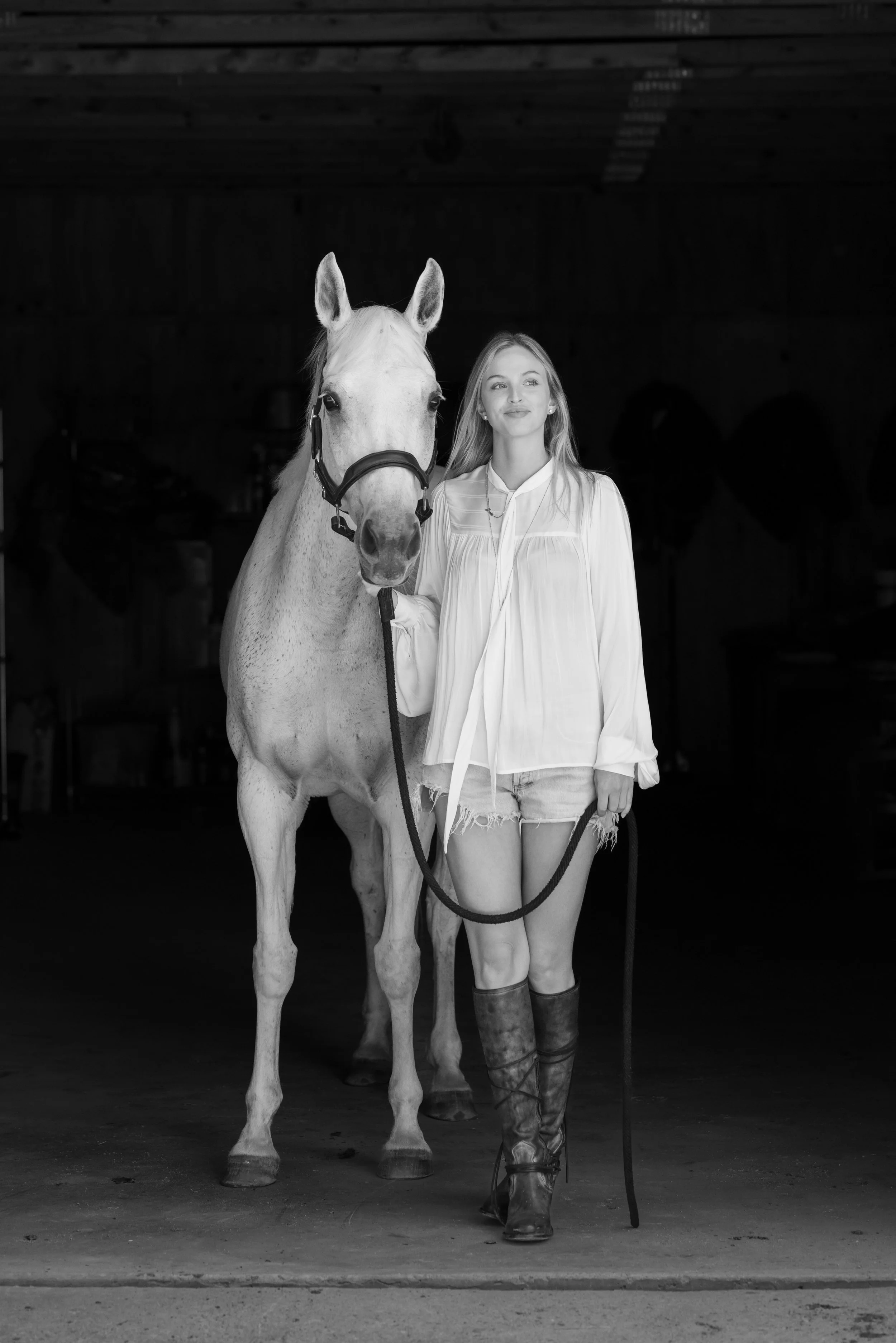 white horse and woman on black background