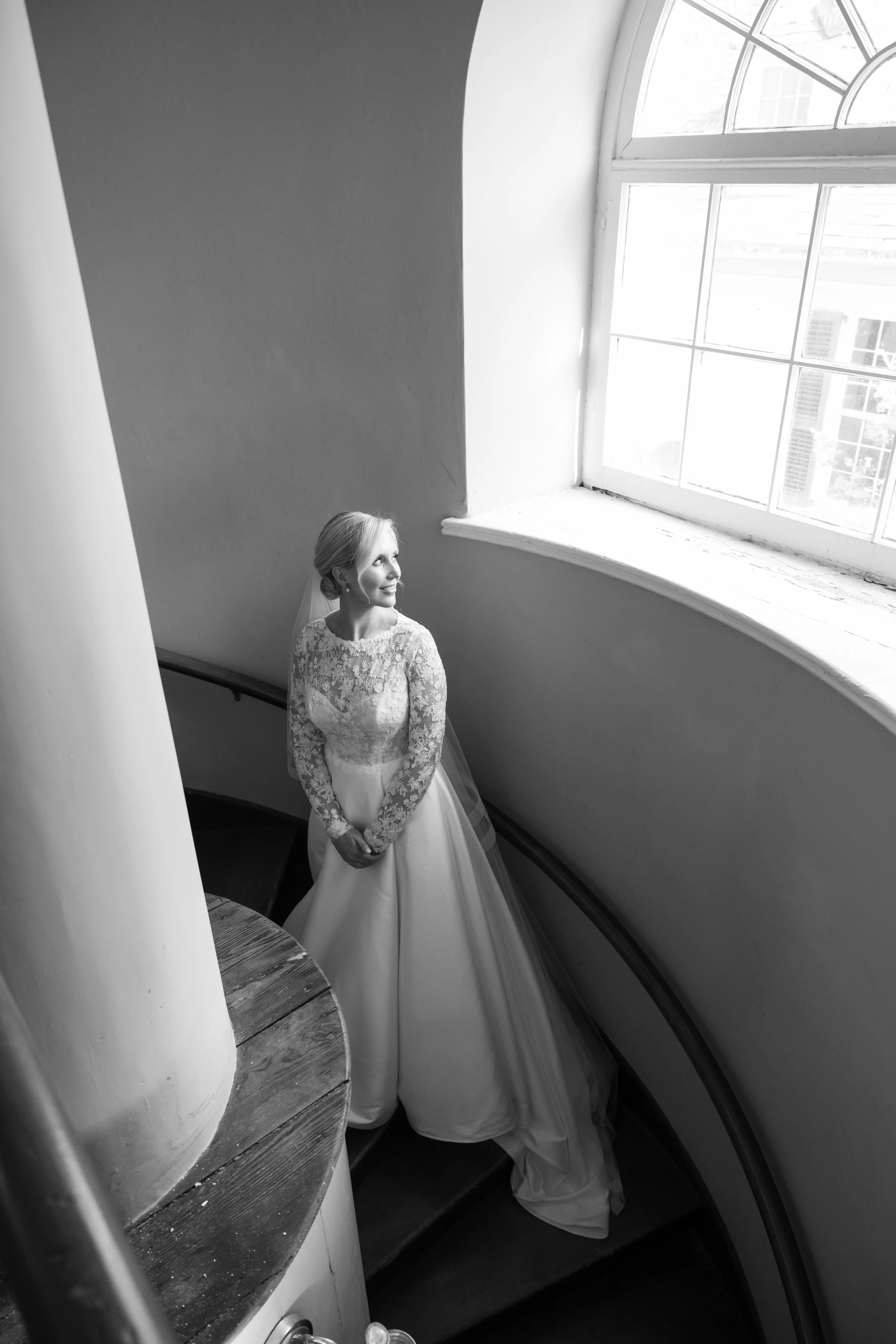 black and white window light bridal portrait