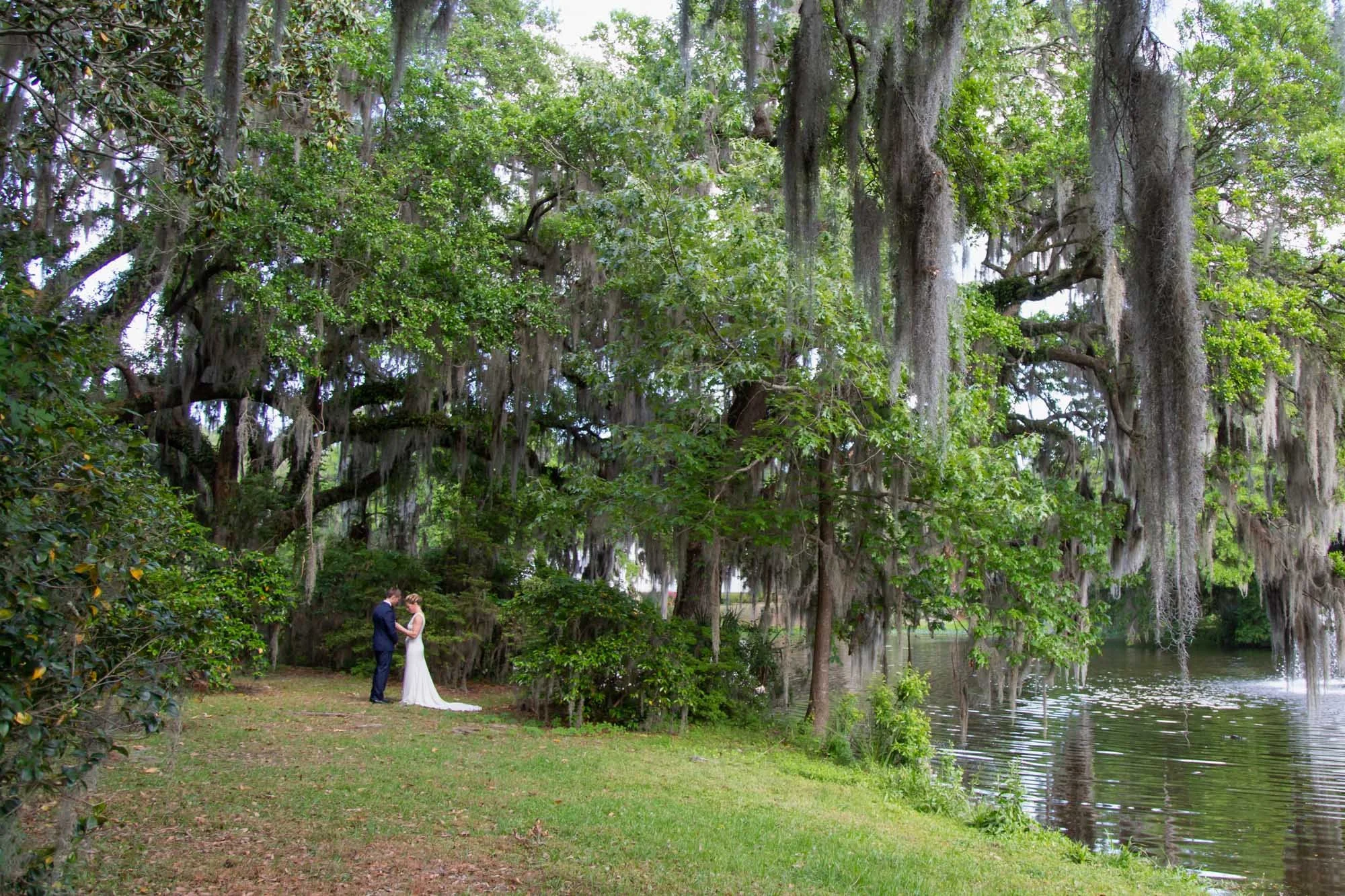 couple exchanging vows privately under grand oaks with moss