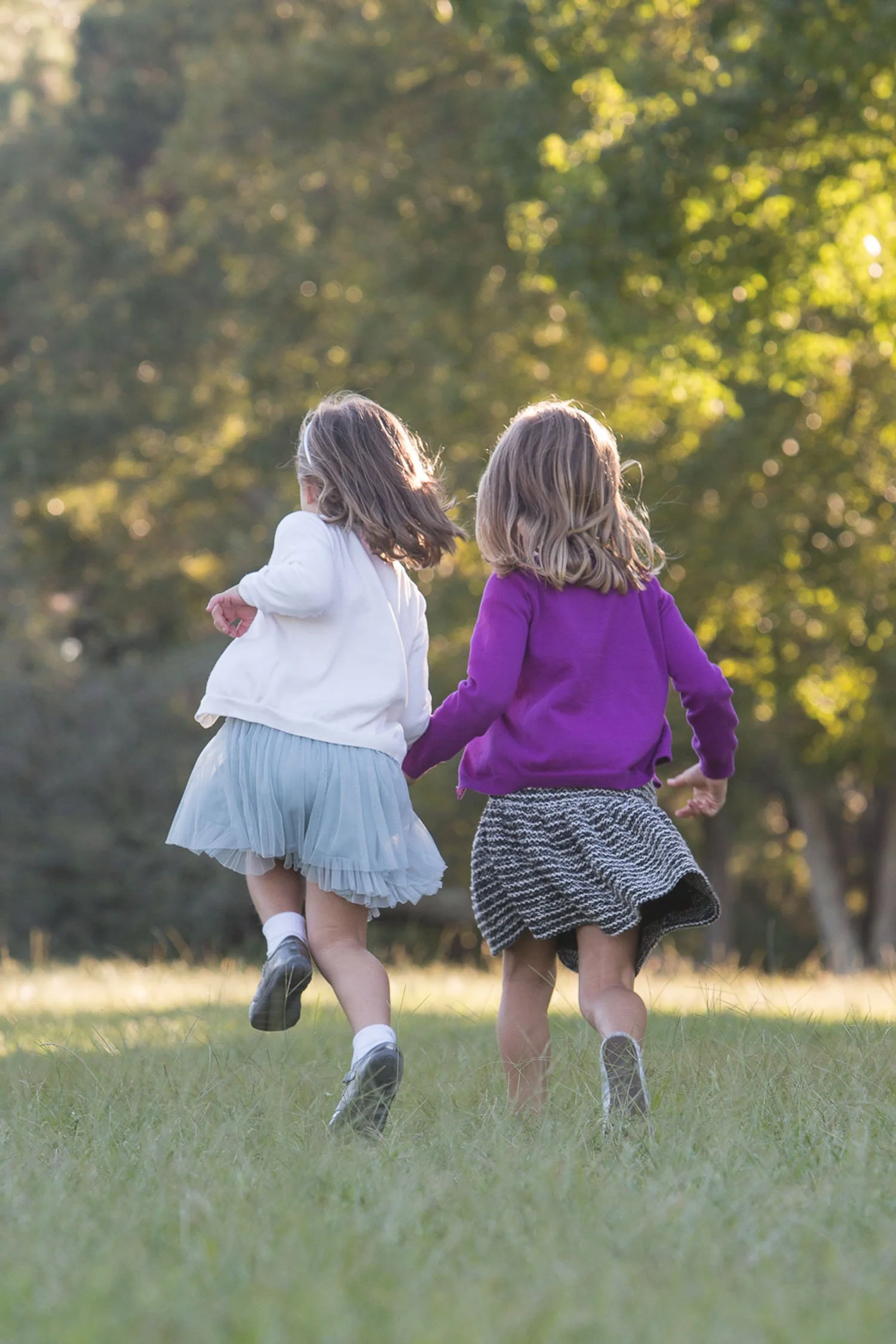 Sisters skipping in a grass field