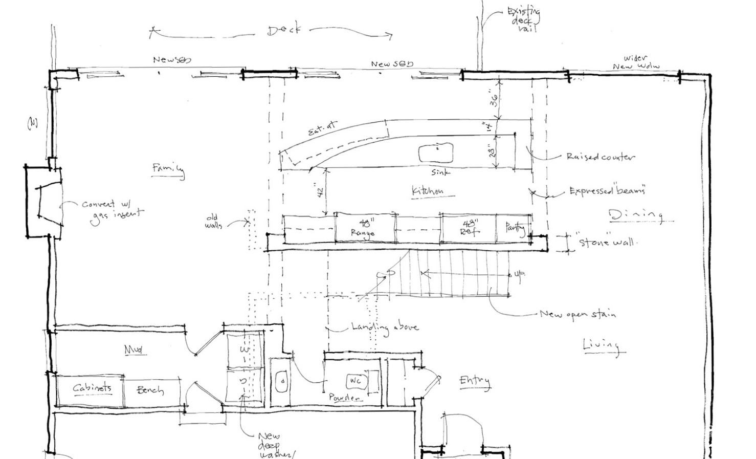 Option 2, with a new stair, and a shaped island to improve the flow.