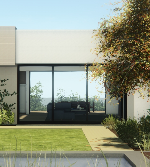 Rendered view from approximately the same position behind the pool.