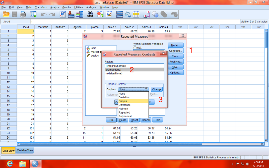 SPSS Repeated Measures Contrasts Model Dialogue Window