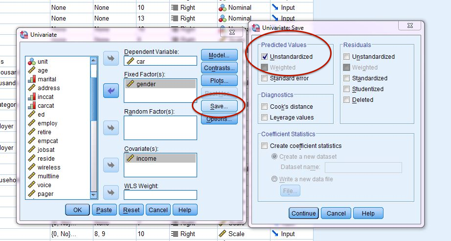 Click "Save..." and then click on the "Unstandardized" box in the "Predicted Values" options. 
