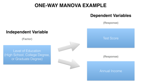 One-way MANOVA compares two or more continuous response variables (e.g. Test Score and Annual Income) by a single factor variable (e.g. Level of Education).
