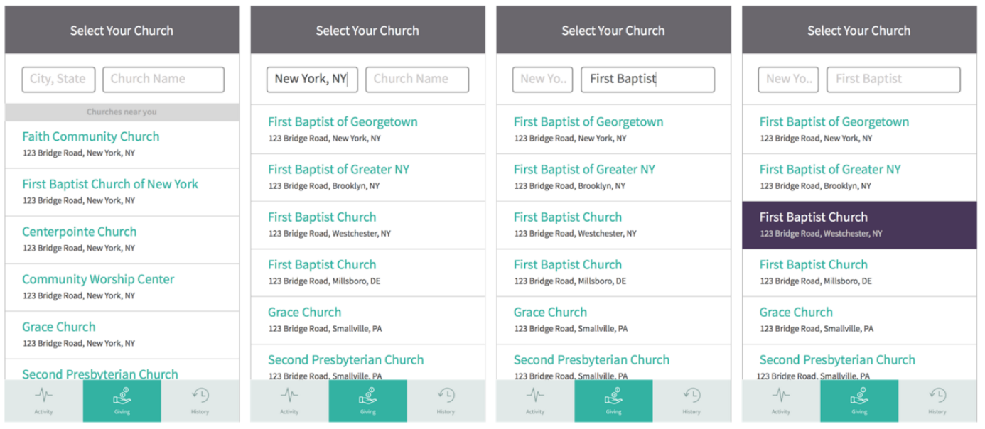 GPS location + User inputs City, State, Church name