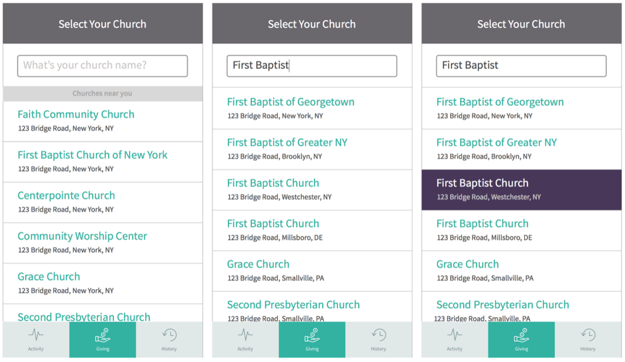 GPS location + User inputs church name