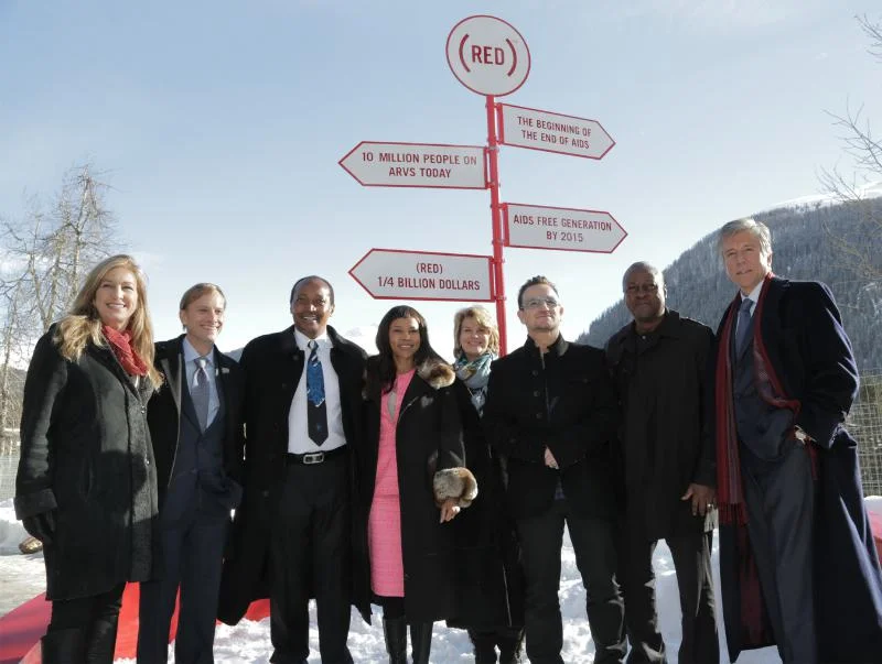 L-R: Deborah Dugan, CEO, (RED); Mark Dybul, Executive Director, The Global Fund to Fight AIDS, TB and Malaria; Patrice and Precious Motsepe; Anne Finucane, Bank of America; Bono, co-founder, (RED); President Mahama, Ghana; Bill McDermott, SAP. (RED) announces $10 million commitment from Bank of America to the Global Fund to fight AIDS, attracting matching funds from the Gates Foundation, SAP and the Motsepe family. (RED) passes milestone of $250 million for the Global Fund. (PRNewsFoto/(RED))