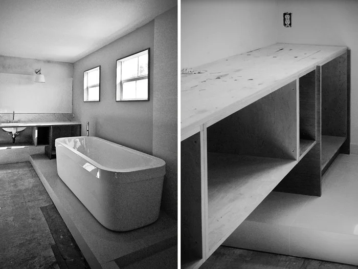 floating tub installed | custom cabinetry